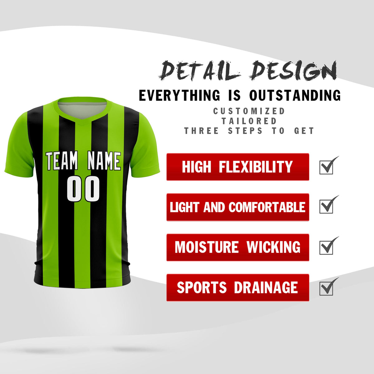 Custom Neon Green Black Vertical Stripes Casual Outdoor Football Kits Jersey