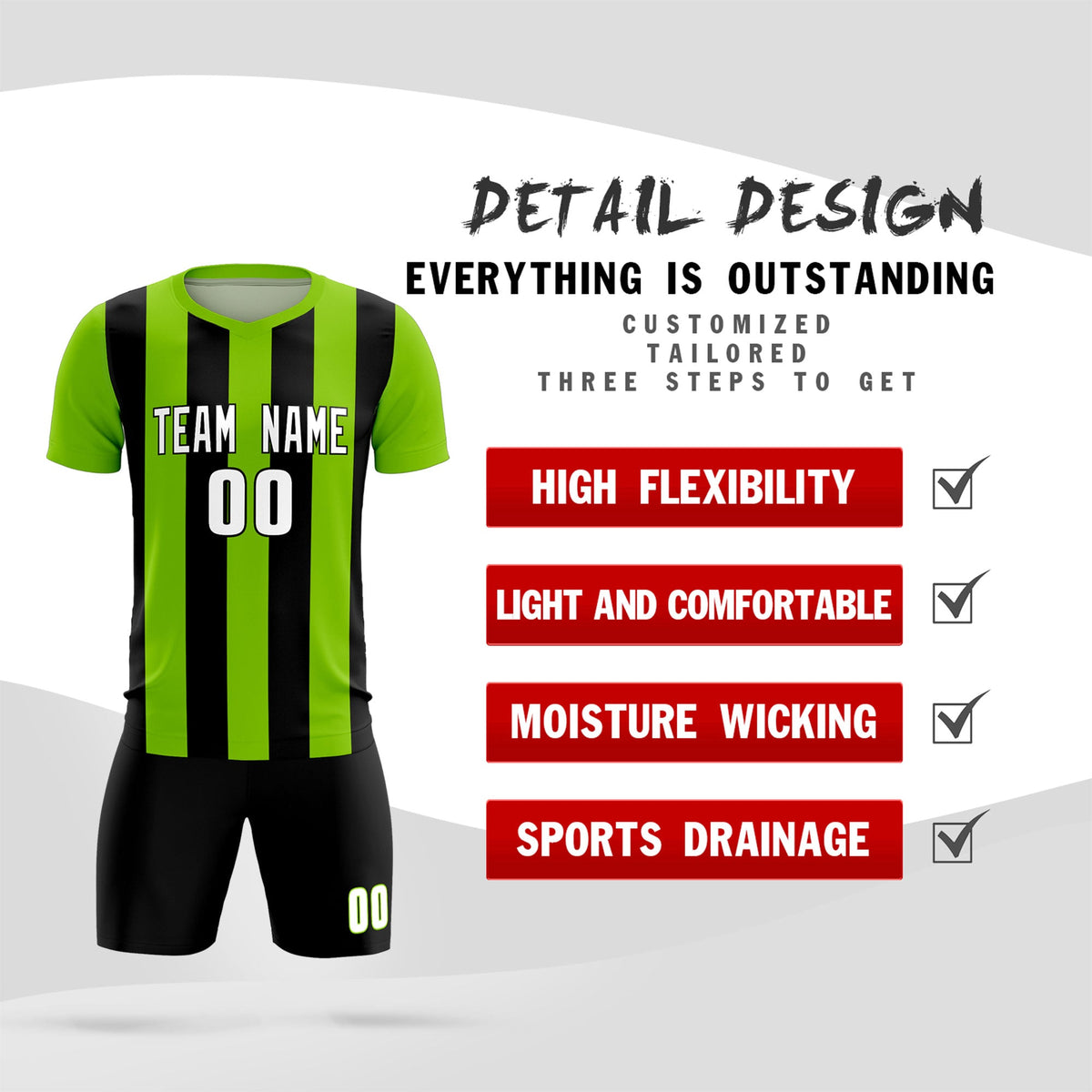 Custom Neon Green Black Vertical Stripes Casual Outdoor Football Kits Jersey