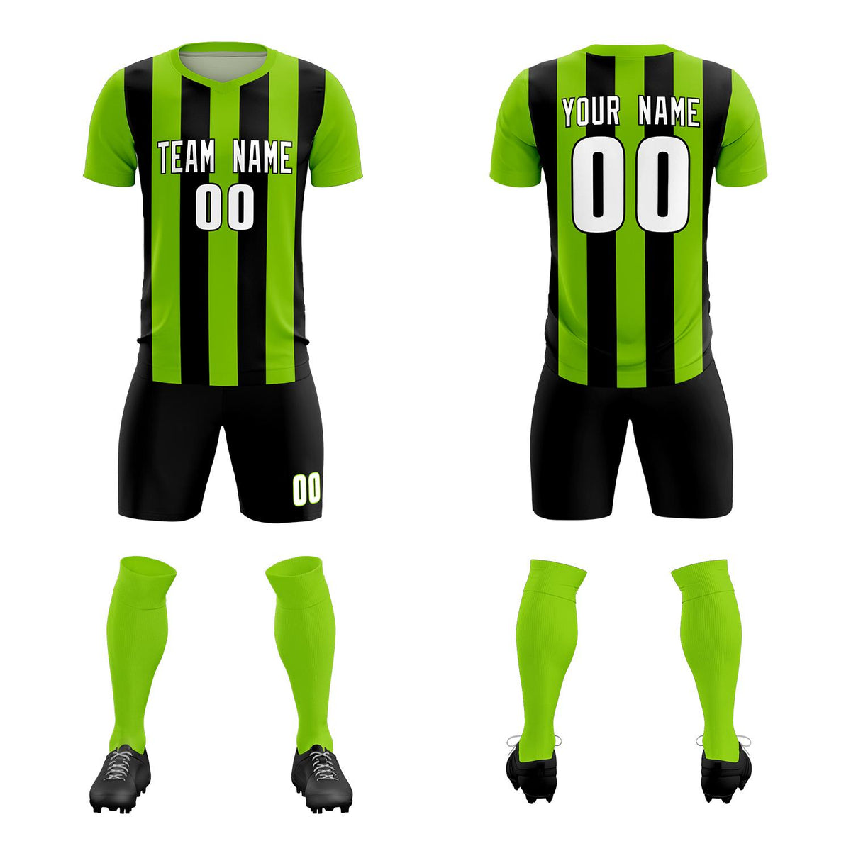 Custom Neon Green Black Vertical Stripes Casual Outdoor Football Kits Jersey