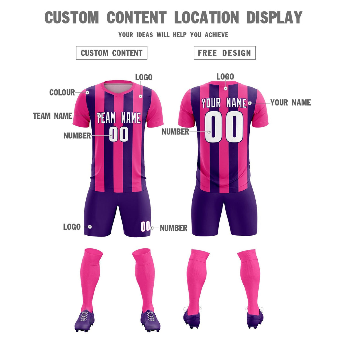 Custom Pink Purple Vertical Stripes Casual Outdoor Football Kits Jersey