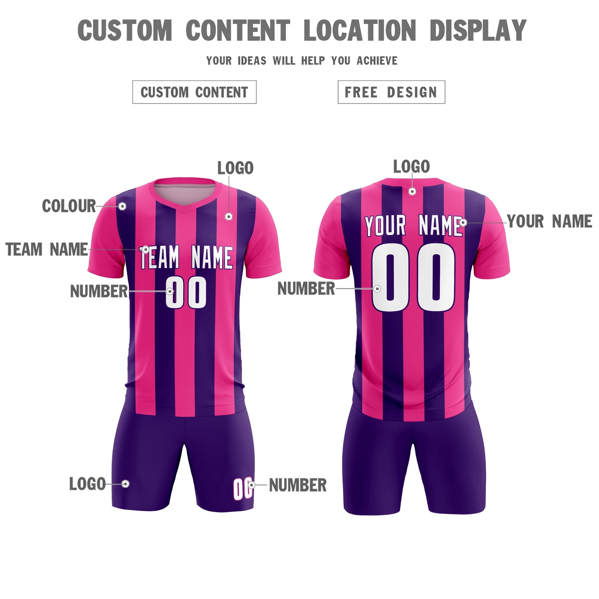 Custom Pink Purple Vertical Stripes Casual Outdoor Football Kits Jersey