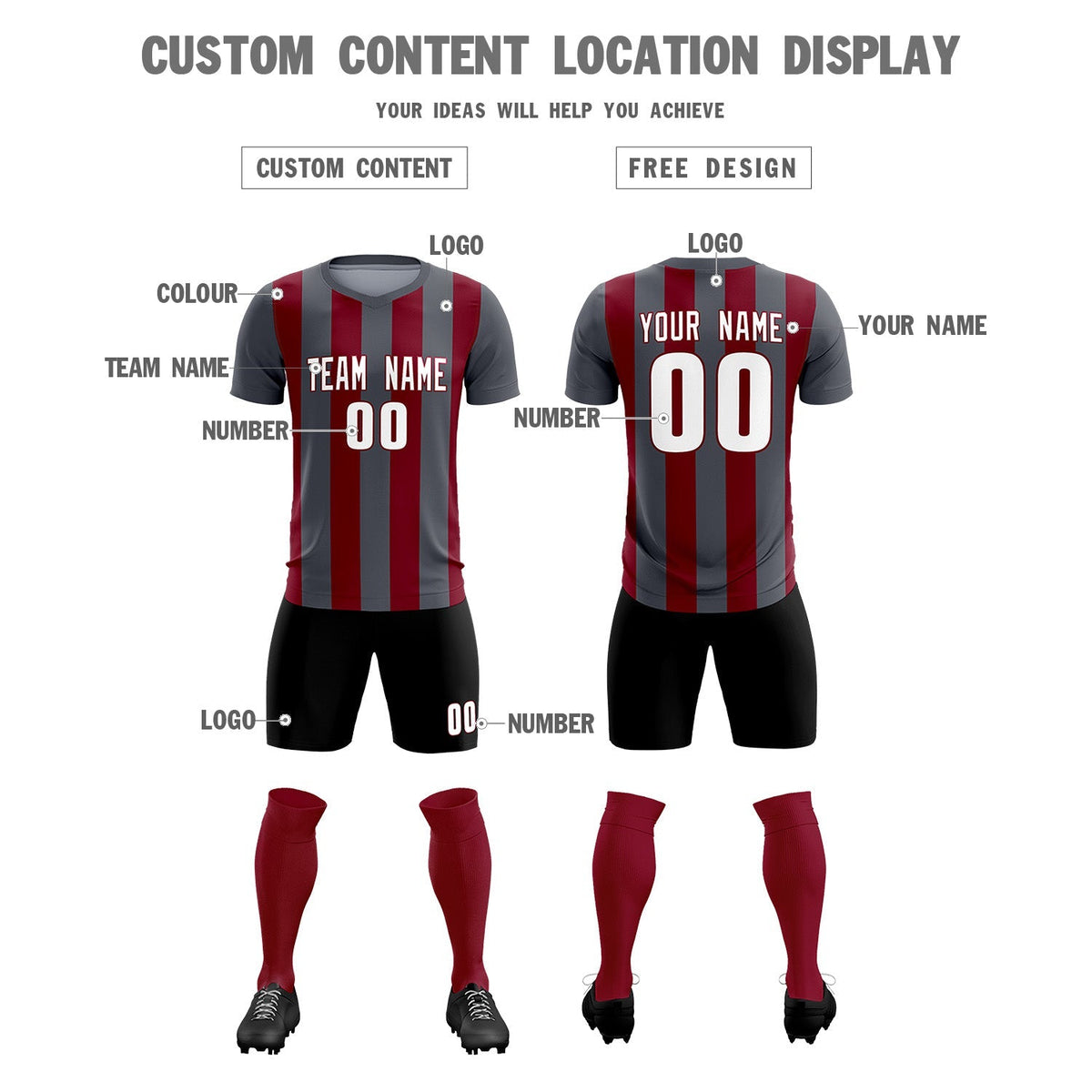 Custom Dark Gray Crimson Vertical Stripes Casual Outdoor Football Kits Jersey