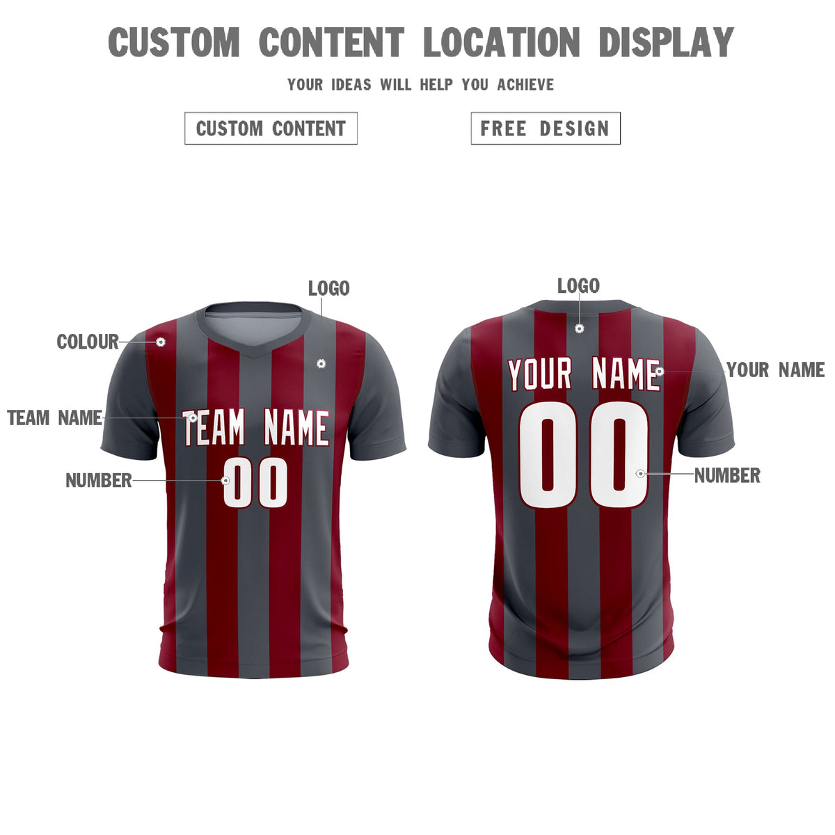 Custom Dark Gray Crimson Vertical Stripes Casual Outdoor Football Kits Jersey