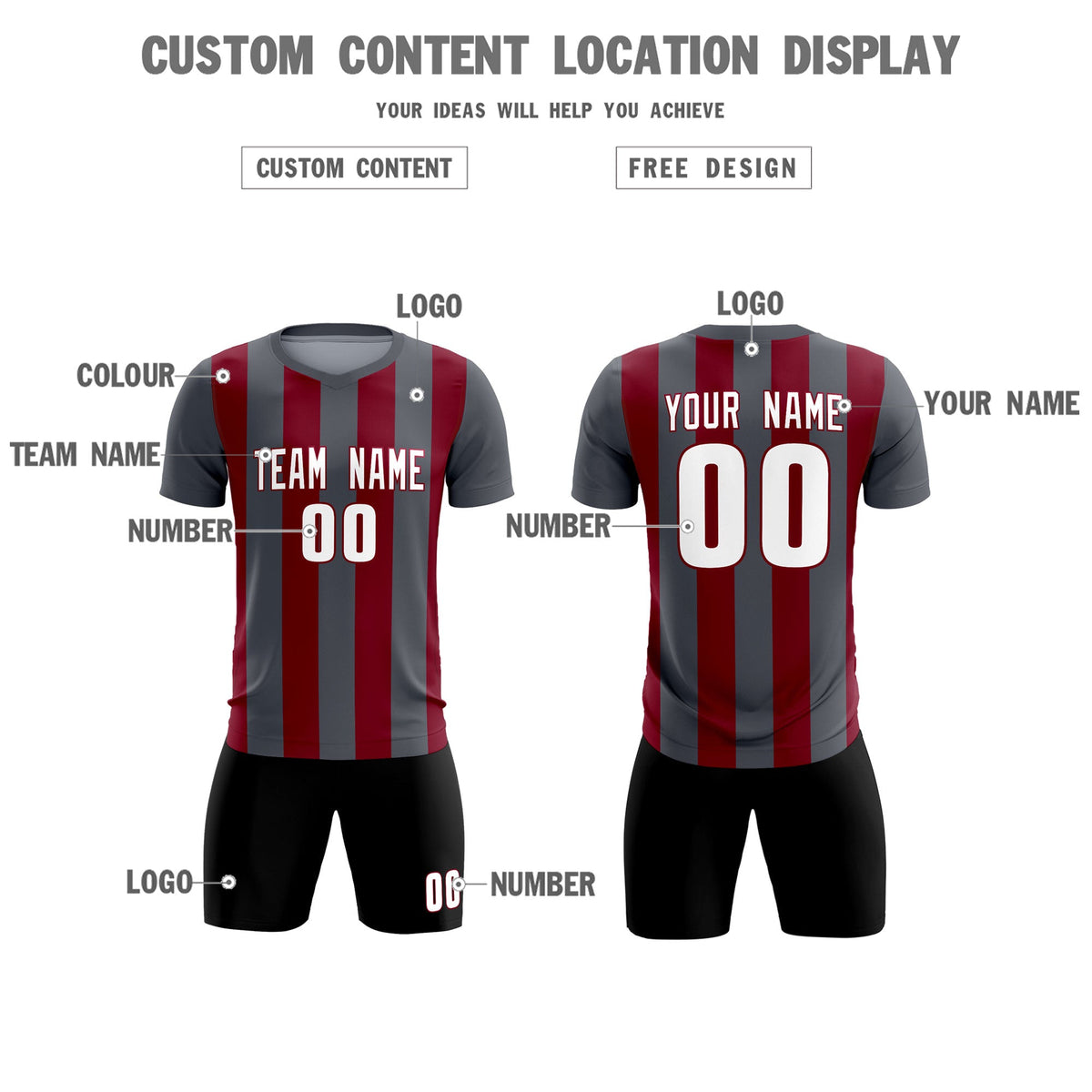 Custom Dark Gray Crimson Vertical Stripes Casual Outdoor Football Kits Jersey