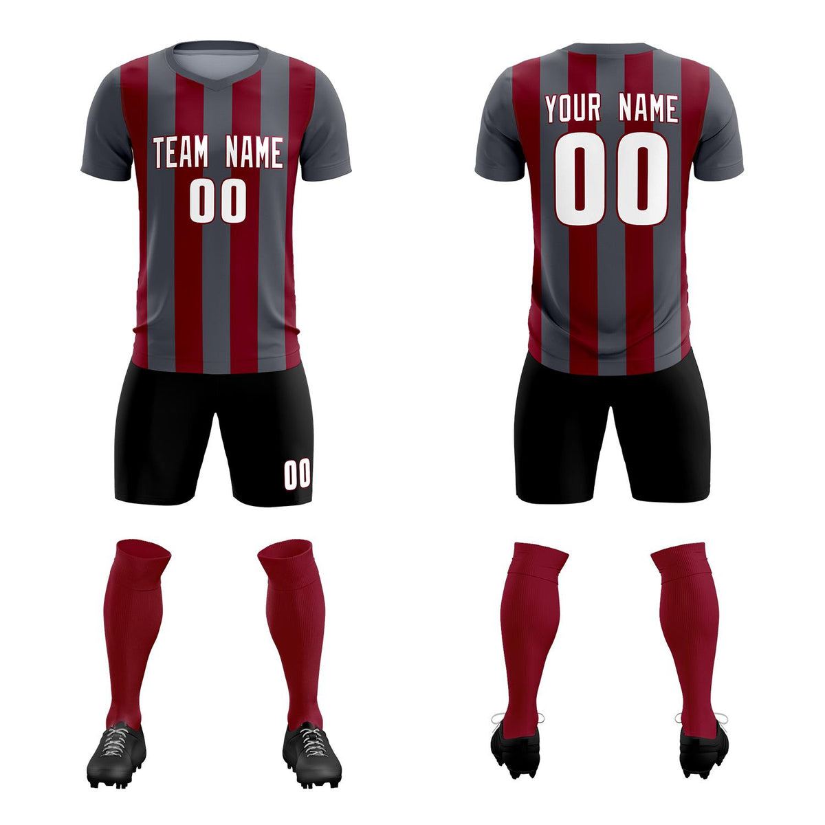 Custom Dark Gray Crimson Vertical Stripes Casual Outdoor Football Kits Jersey