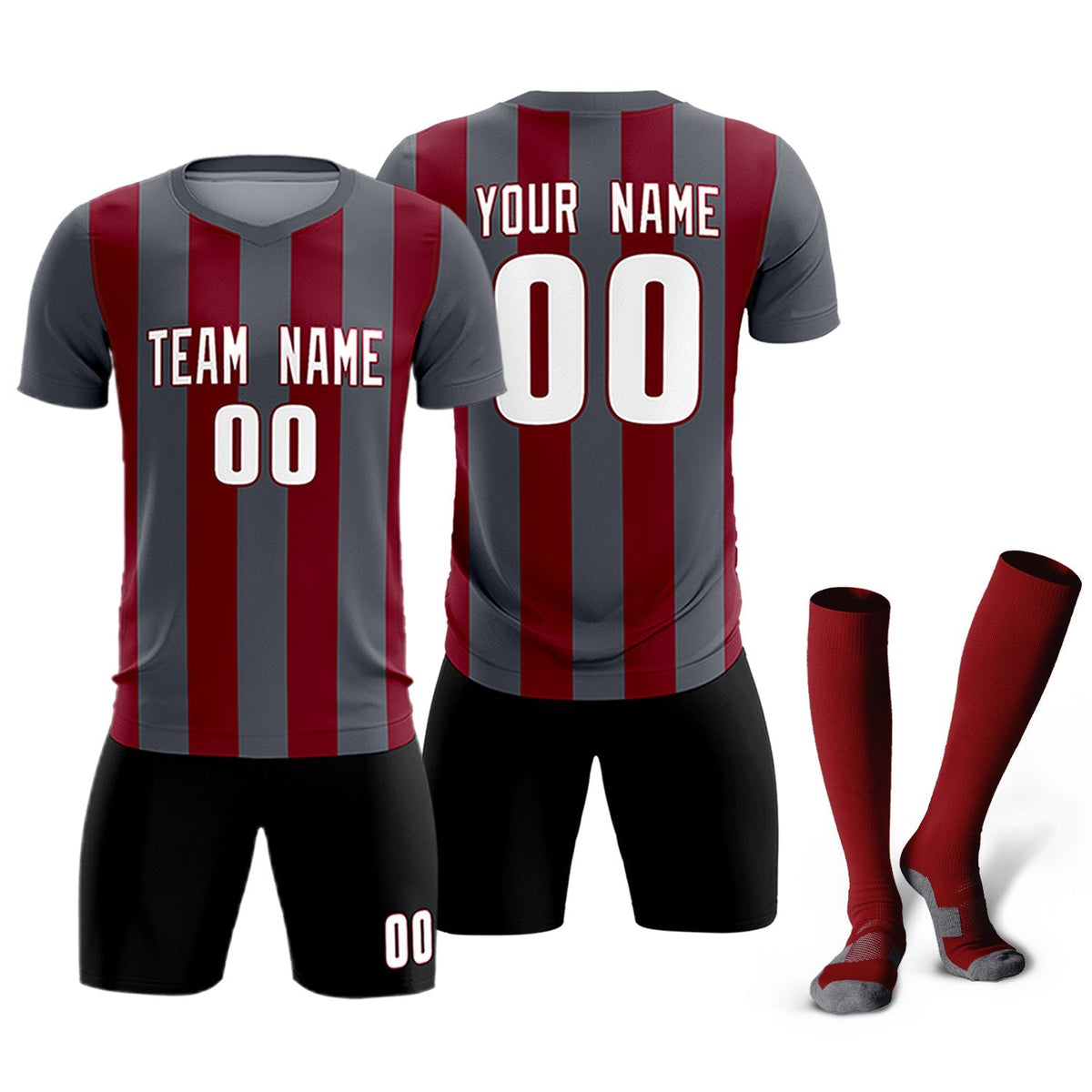 Custom Dark Gray Crimson Vertical Stripes Casual Outdoor Football Kits Jersey