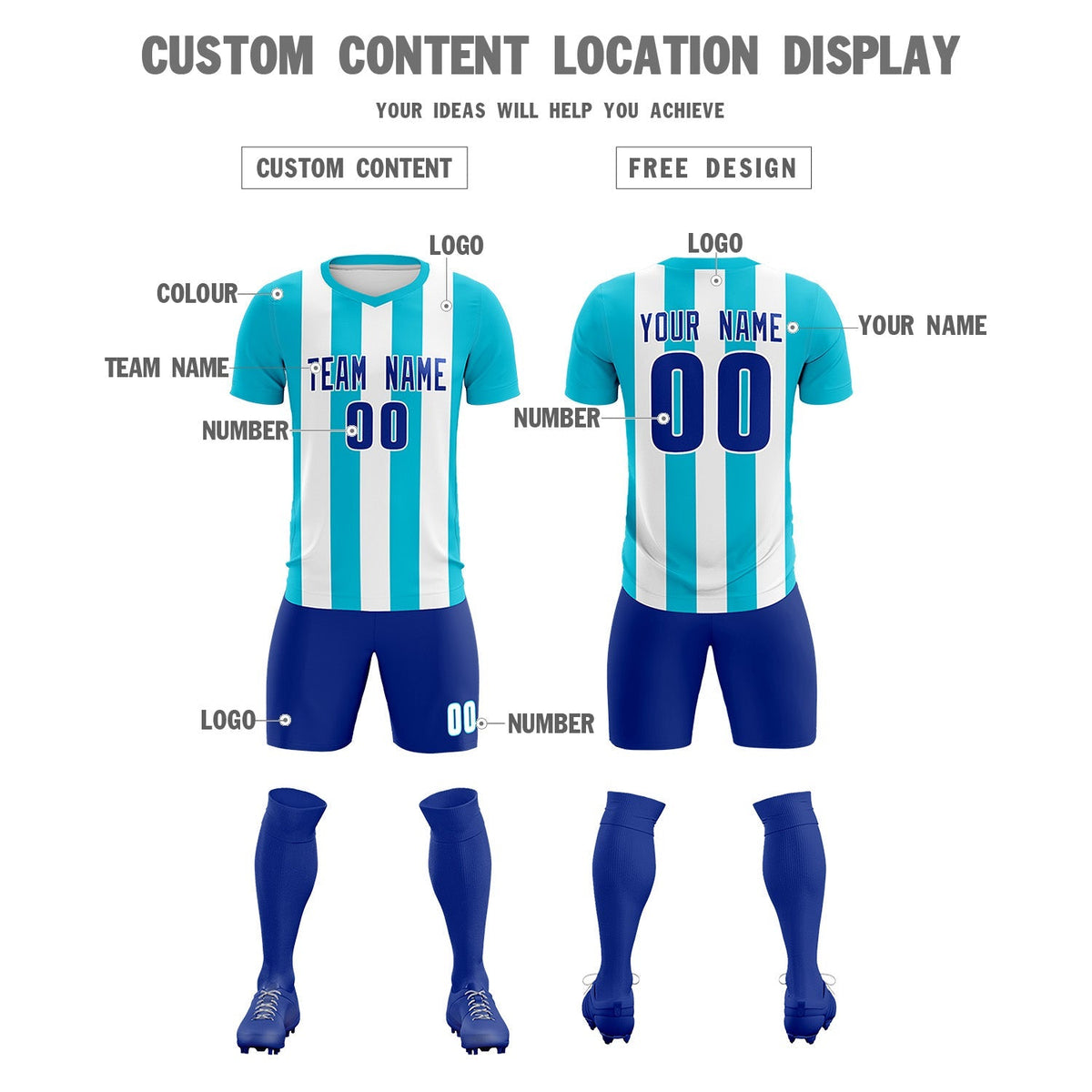 Custom White Sky Blue Vertical Stripes Casual Outdoor Football Kits Jersey
