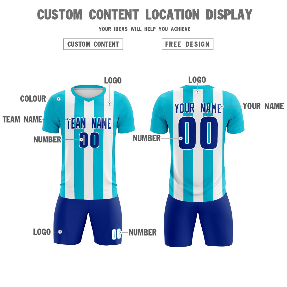 Custom White Sky Blue Vertical Stripes Casual Outdoor Football Kits Jersey