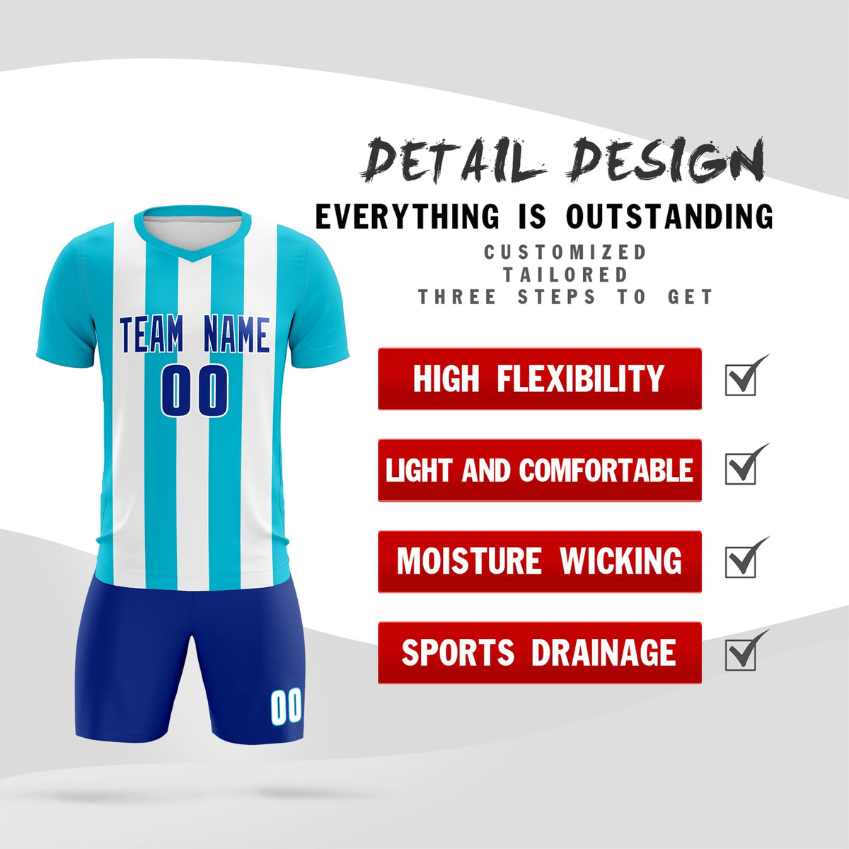 Custom White Sky Blue Vertical Stripes Casual Outdoor Football Kits Jersey