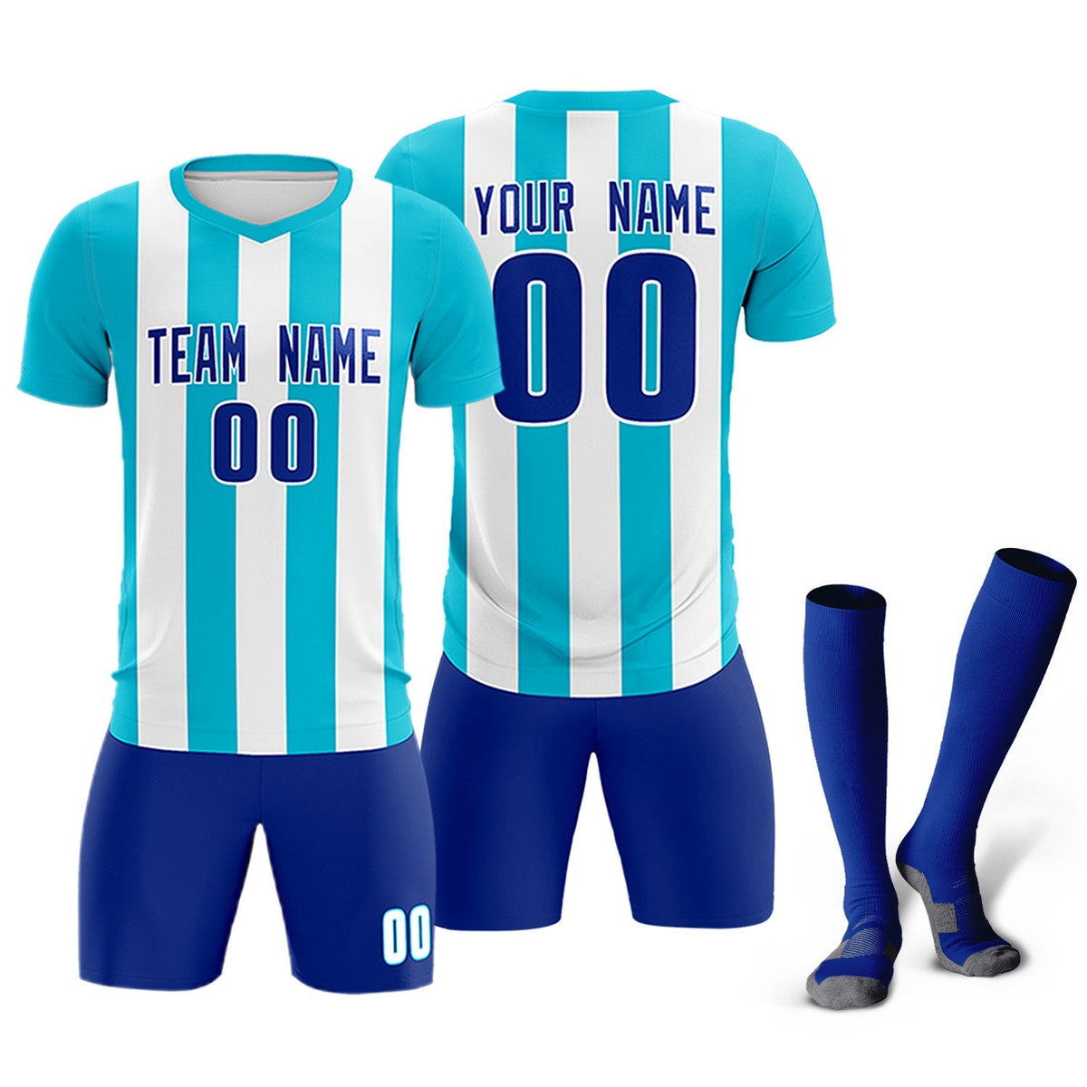 Custom White Sky Blue Vertical Stripes Casual Outdoor Football Kits Jersey