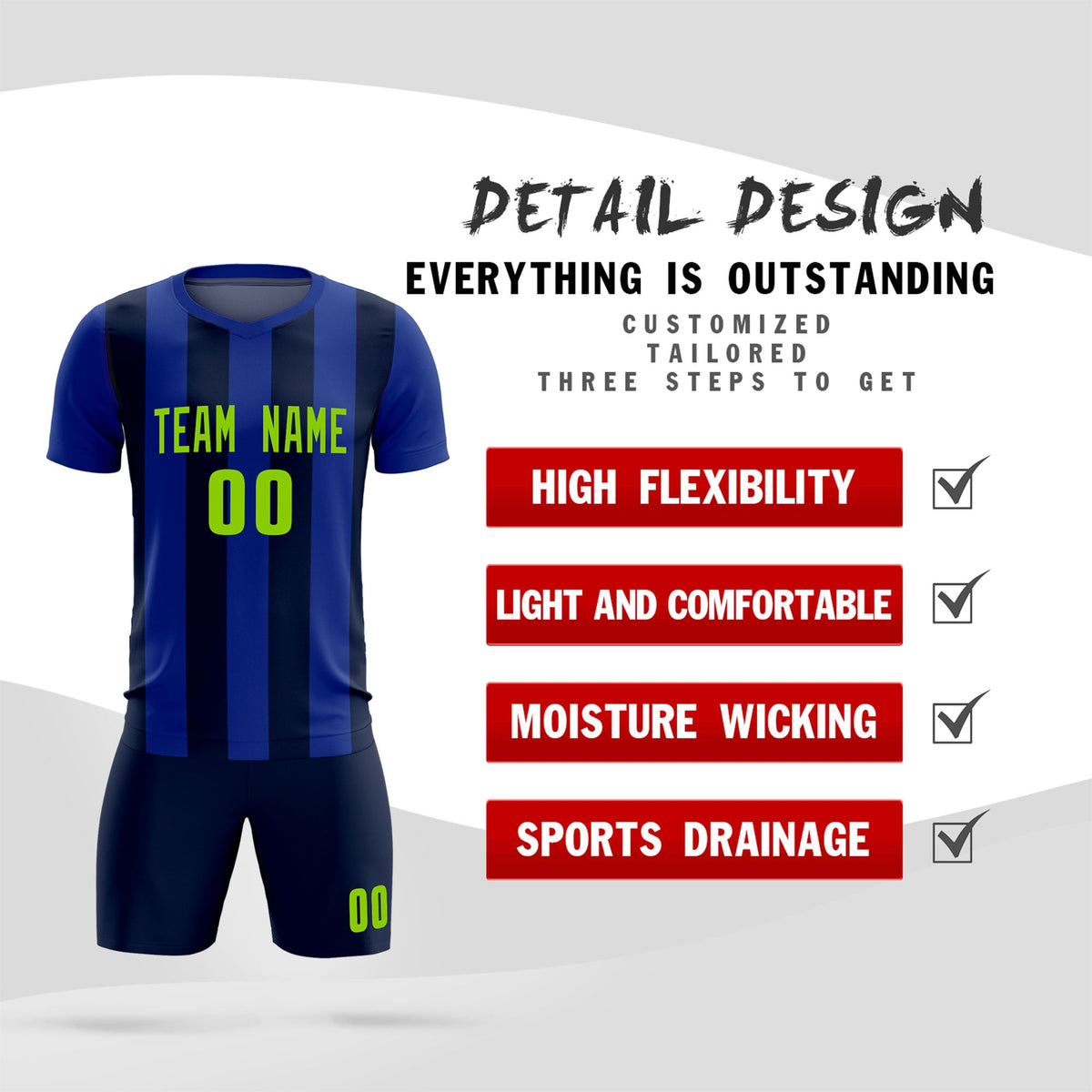 Custom Royal Navy Vertical Stripes Casual Outdoor Football Kits Jersey