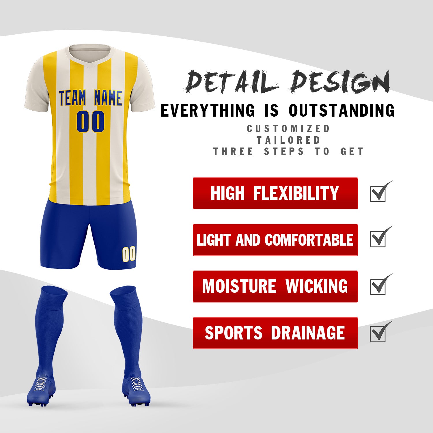Custom Cream Gold Vertical Stripes Casual Outdoor Football Kits Jersey