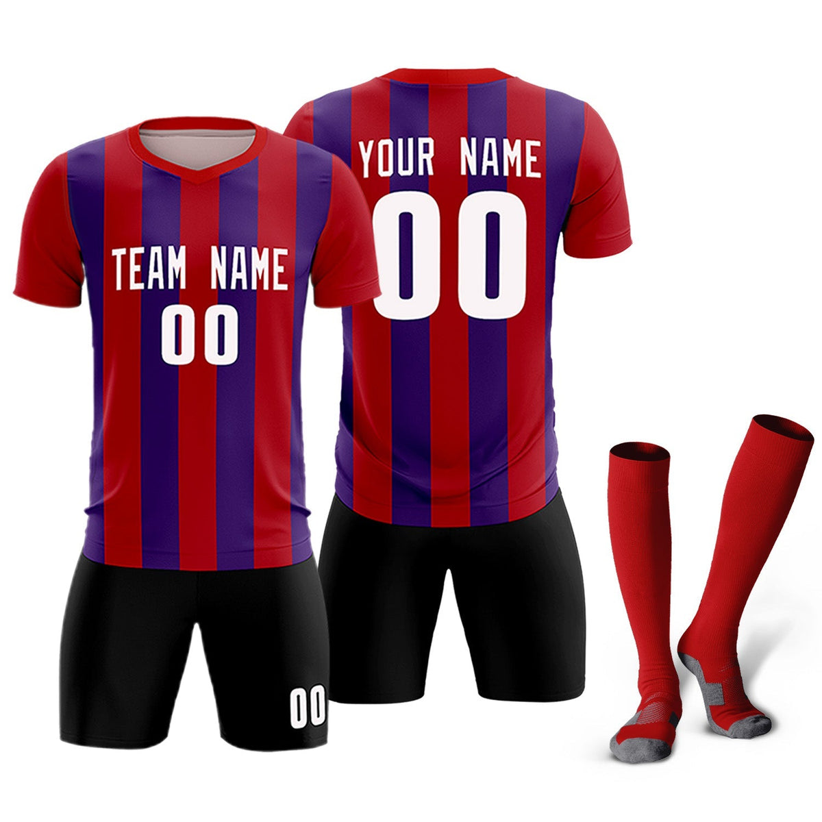 Custom Red Purple Vertical Stripes Casual Outdoor Football Kits Jersey