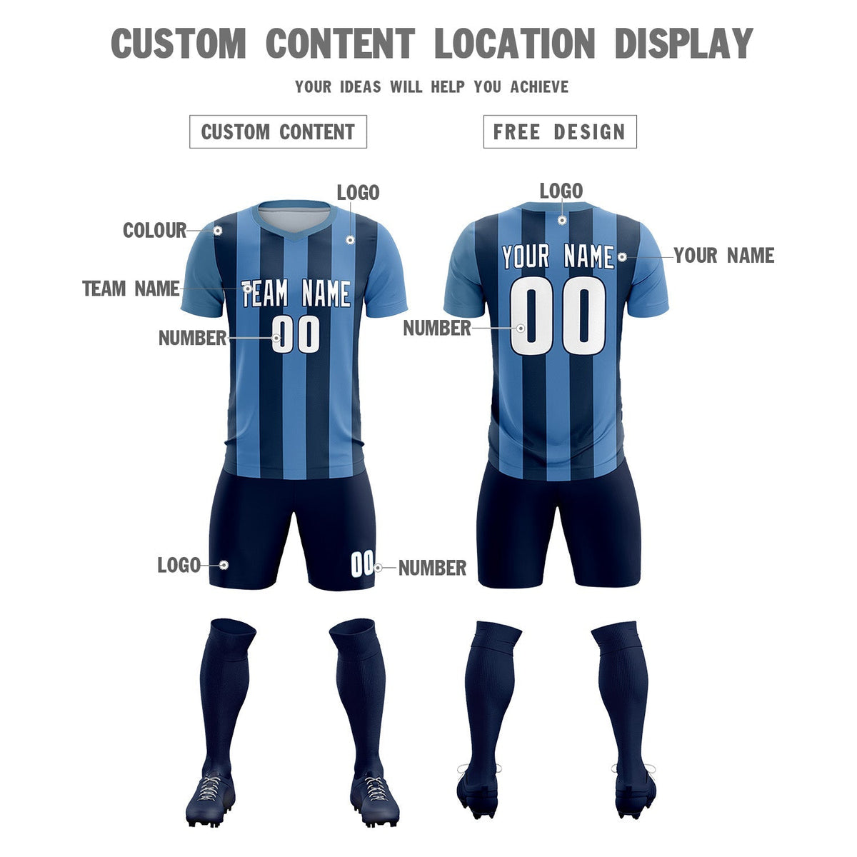 Custom Light Blue Midnight Blue Vertical Stripes Casual Outdoor Football Kits Jersey