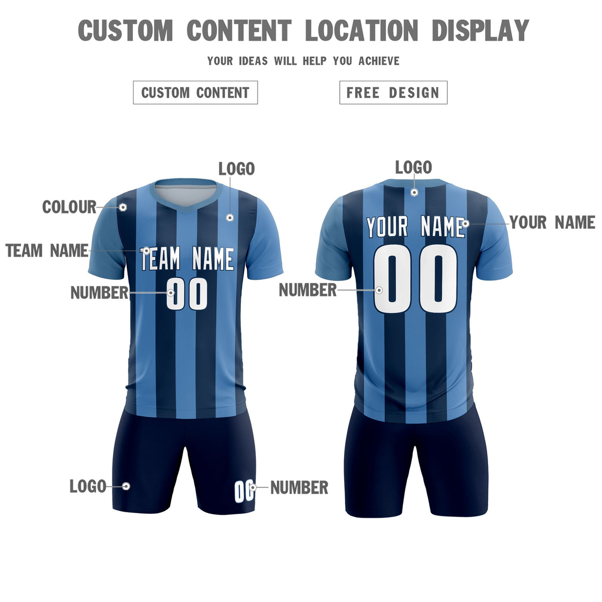 Custom Light Blue Midnight Blue Vertical Stripes Casual Outdoor Football Kits Jersey