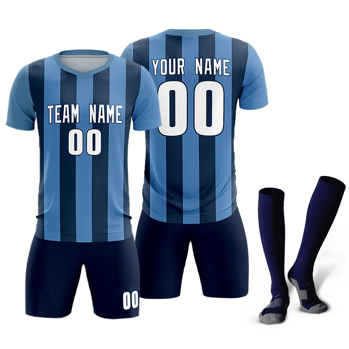 Custom Light Blue Midnight Blue Vertical Stripes Casual Outdoor Football Kits Jersey