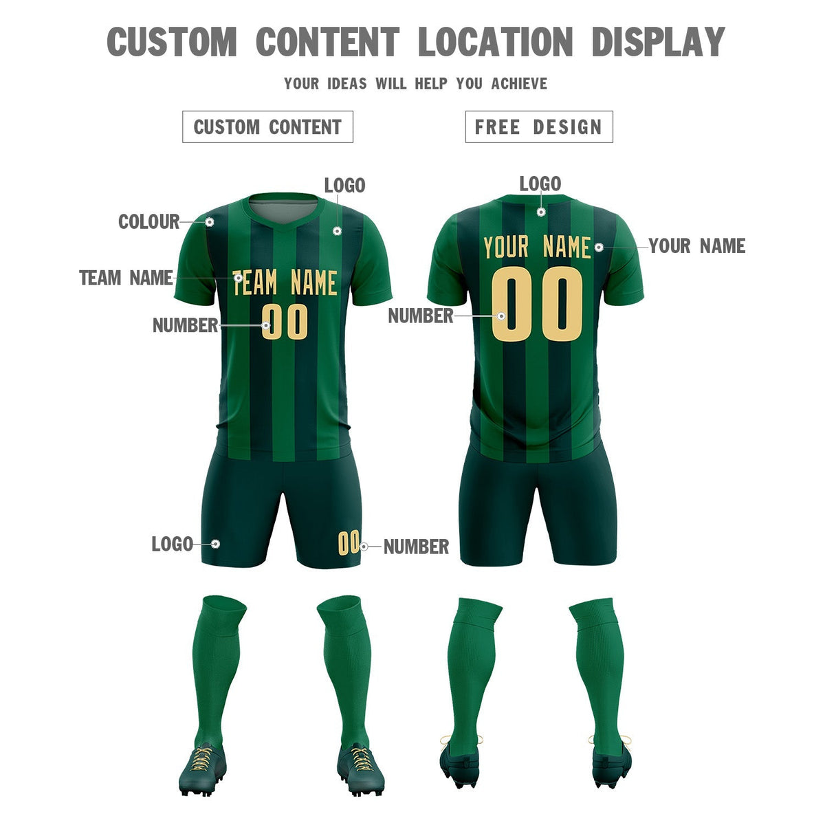 Custom Kelly Green Midnight Green Vertical Stripes Casual Outdoor Football Kits Jersey