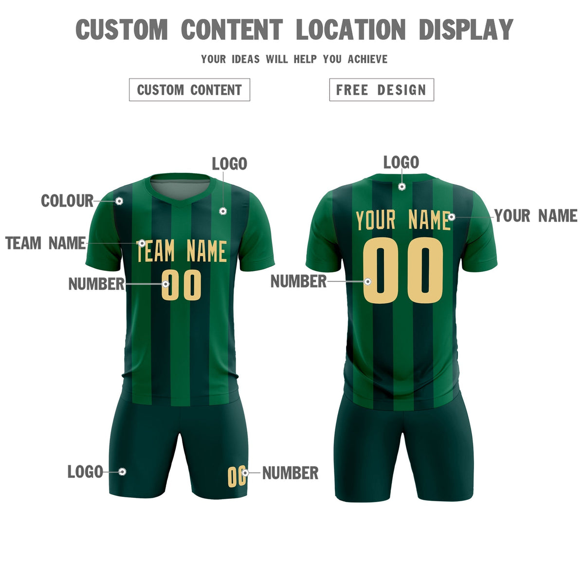 Custom Kelly Green Midnight Green Vertical Stripes Casual Outdoor Football Kits Jersey