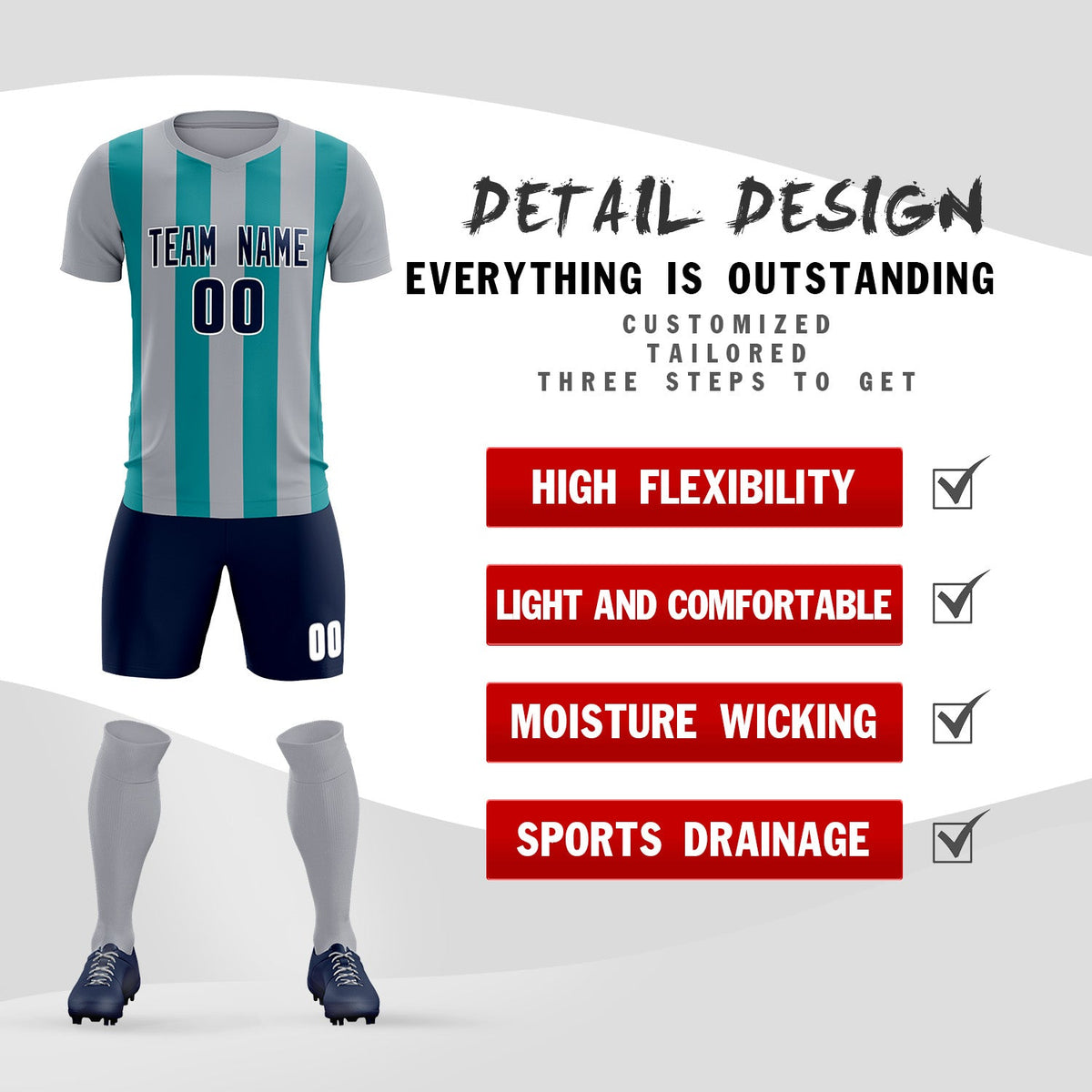 Custom Gray Aqua Vertical Stripes Casual Outdoor Football Kits Jersey