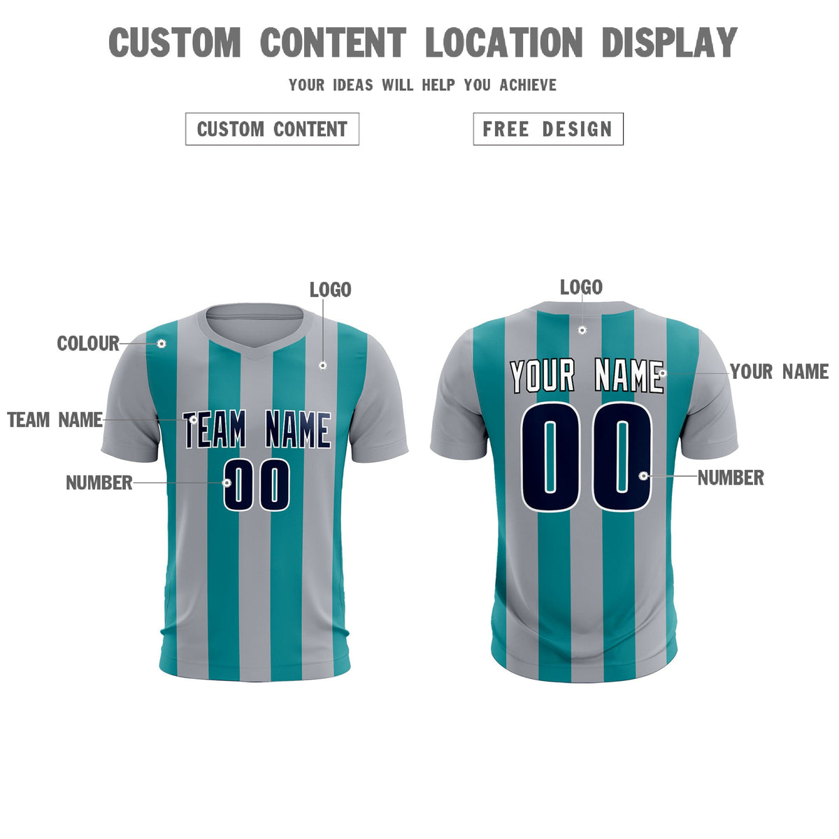 Custom Gray Aqua Vertical Stripes Casual Outdoor Football Kits Jersey