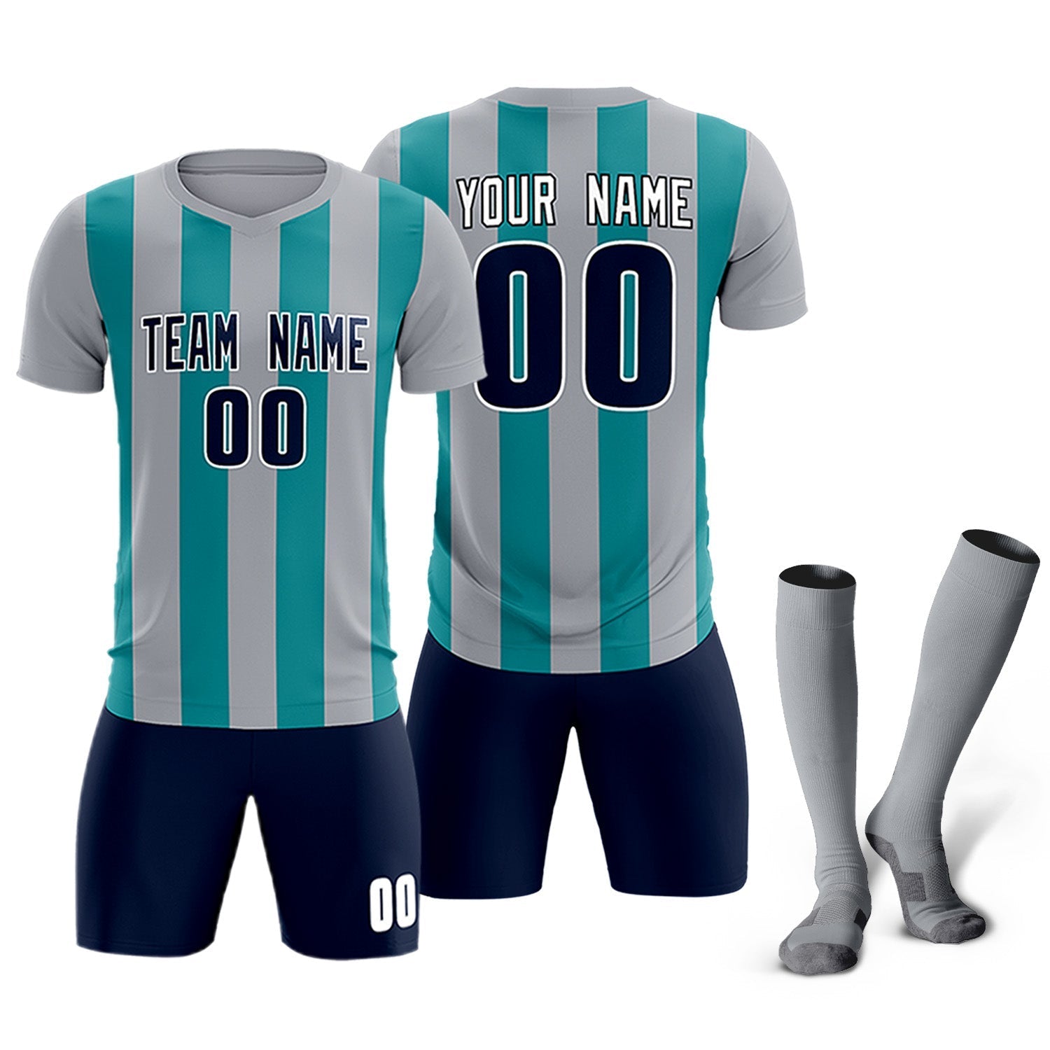 Custom Gray Aqua Vertical Stripes Casual Outdoor Football Kits Jersey