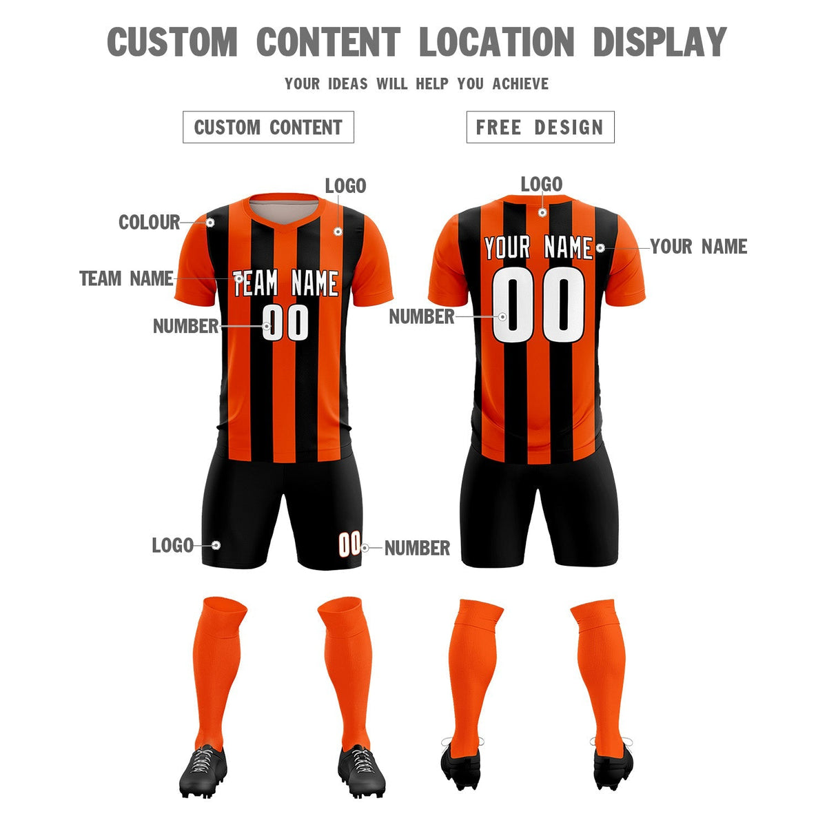 Custom Orange Black Vertical Stripes Casual Outdoor Football Kits Jersey