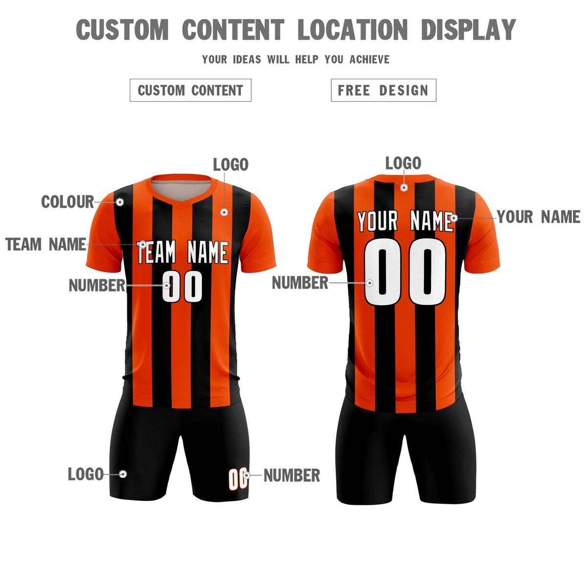 Custom Orange Black Vertical Stripes Casual Outdoor Football Kits Jersey