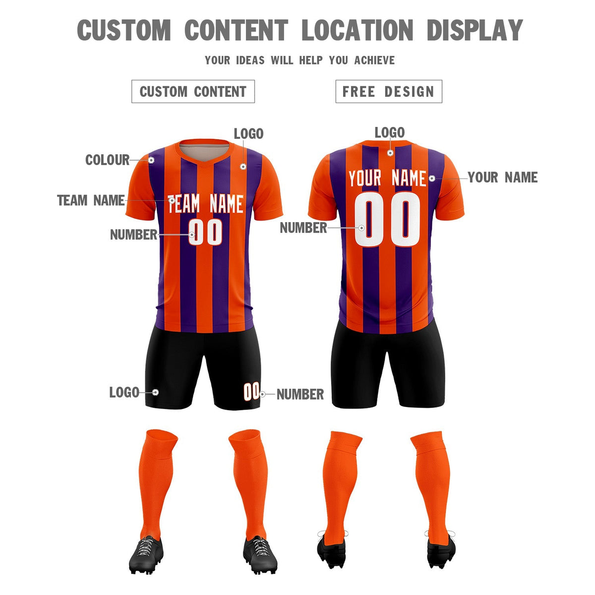 Custom Orange Purple Vertical Stripes Casual Outdoor Football Kits Jersey