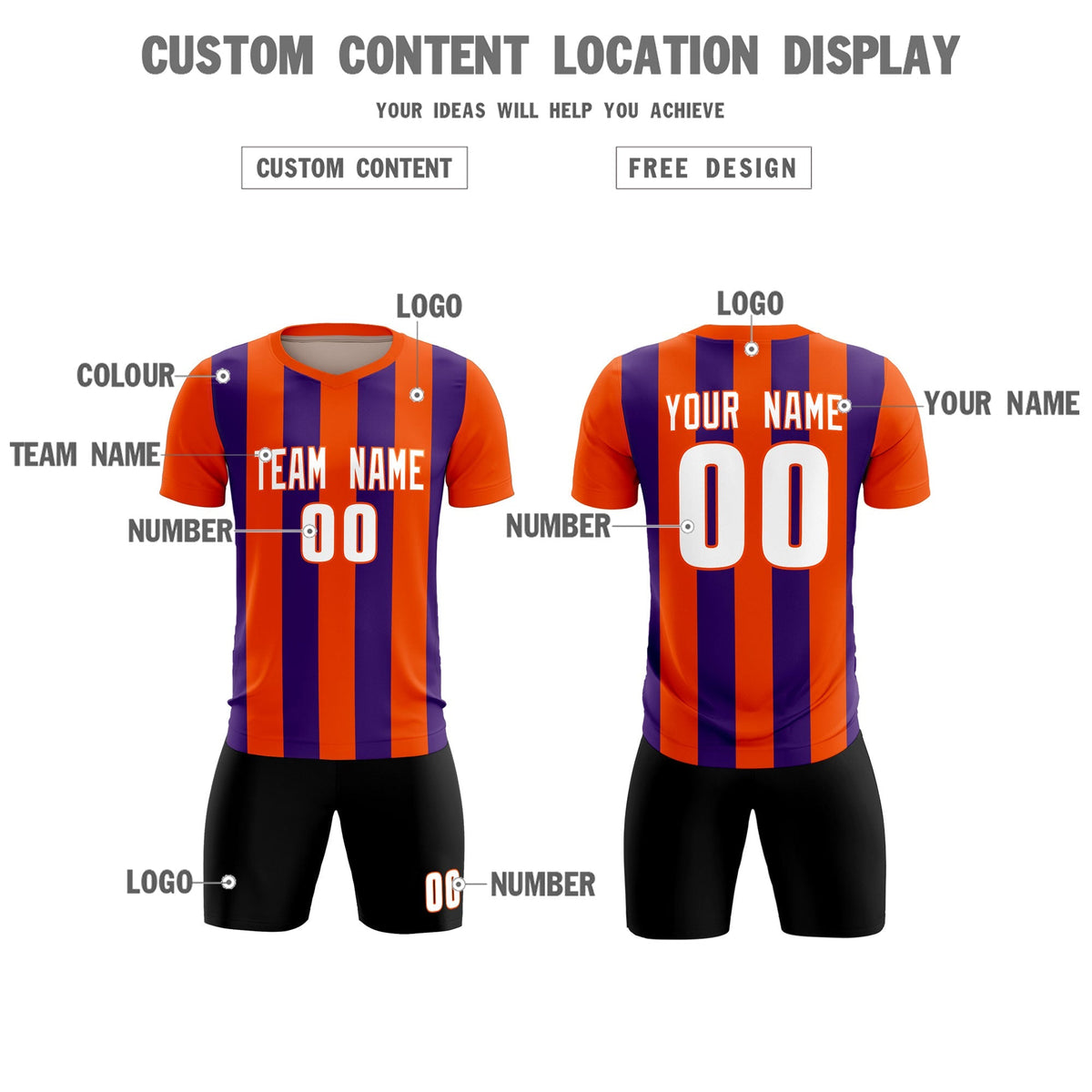 Custom Orange Purple Vertical Stripes Casual Outdoor Football Kits Jersey