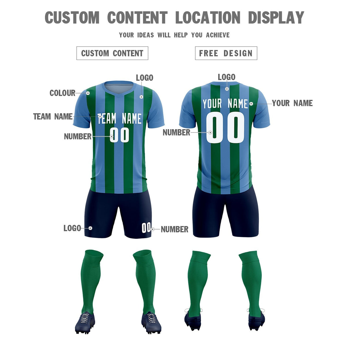 Custom Light Blue Kelly Green Vertical Stripes Casual Outdoor Football Kits Jersey