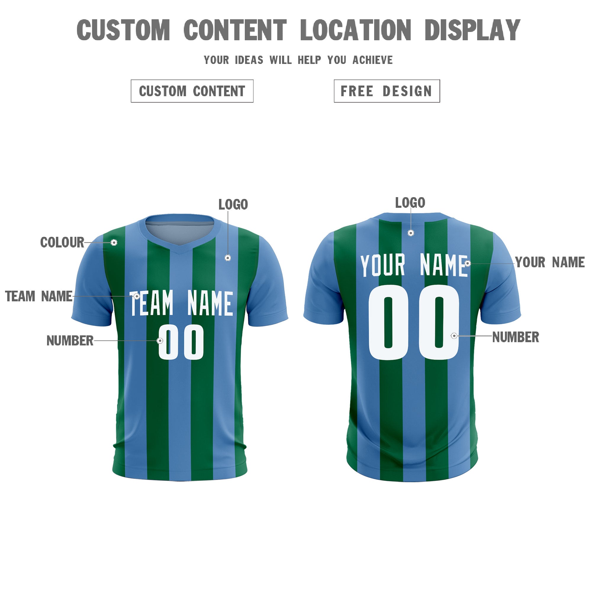 Custom Light Blue Kelly Green Vertical Stripes Casual Outdoor Football Kits Jersey