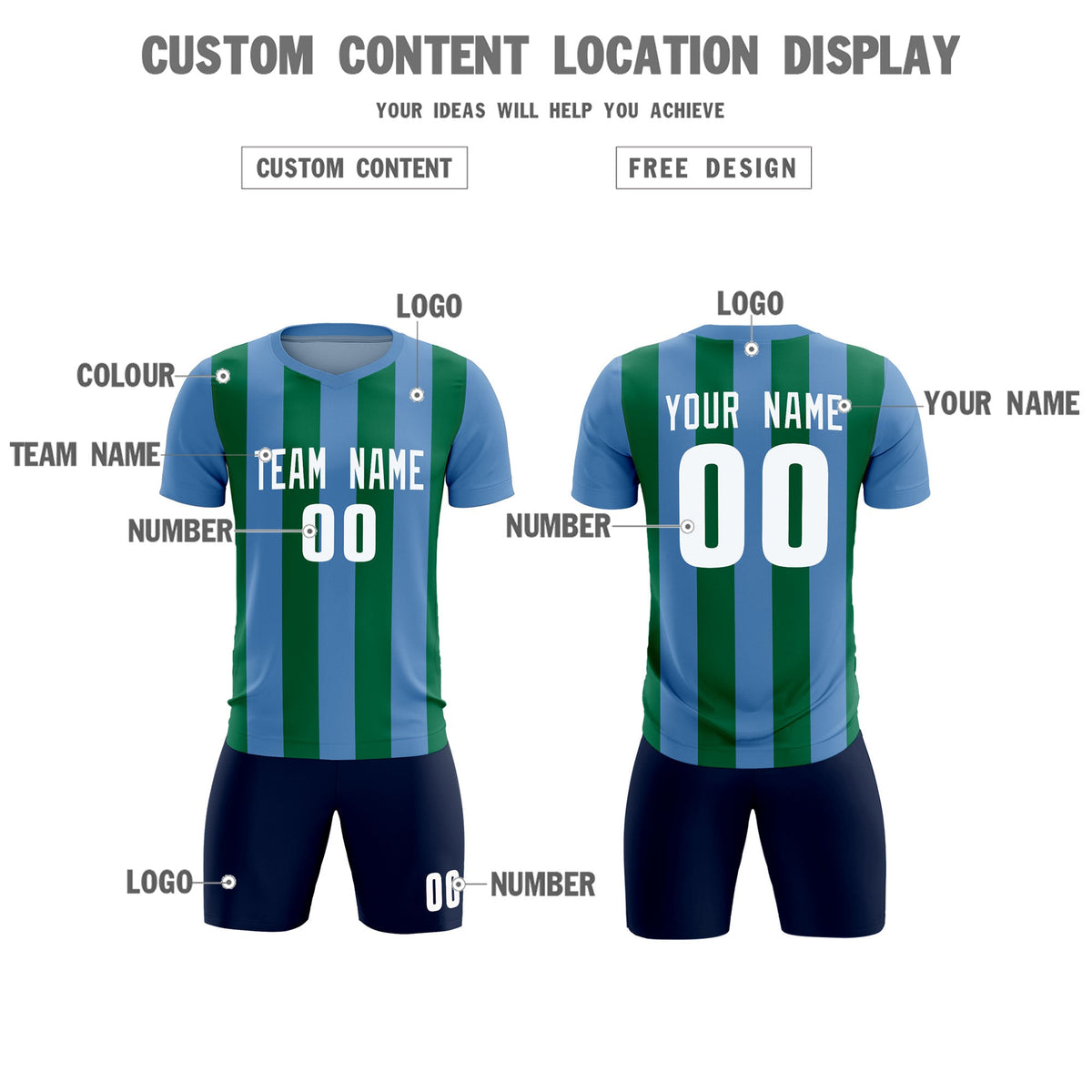 Custom Light Blue Kelly Green Vertical Stripes Casual Outdoor Football Kits Jersey