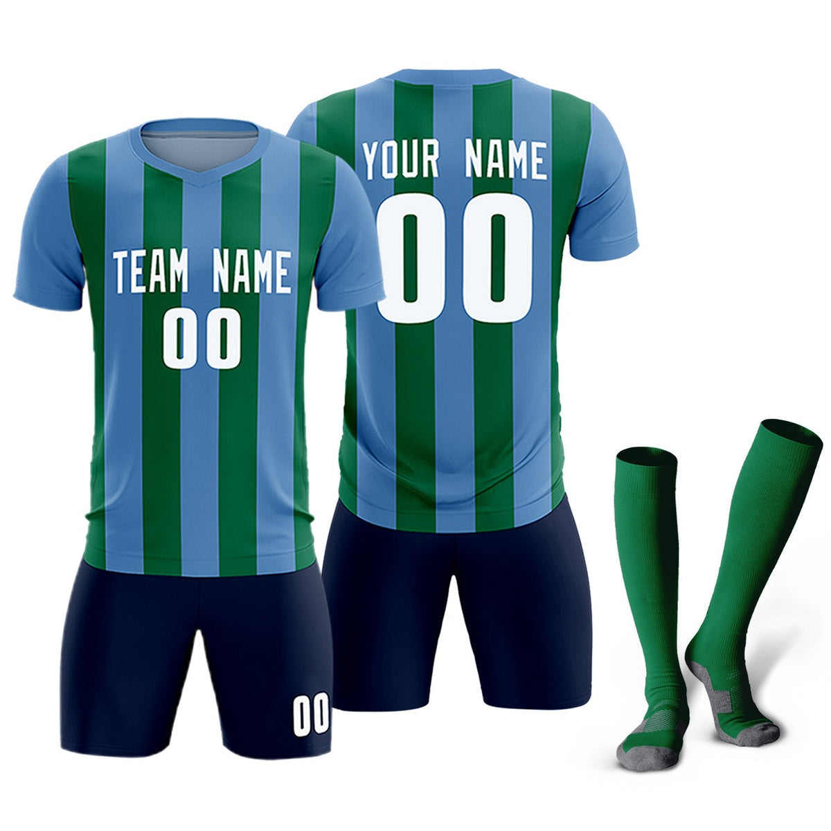 Custom Light Blue Kelly Green Vertical Stripes Casual Outdoor Football Kits Jersey