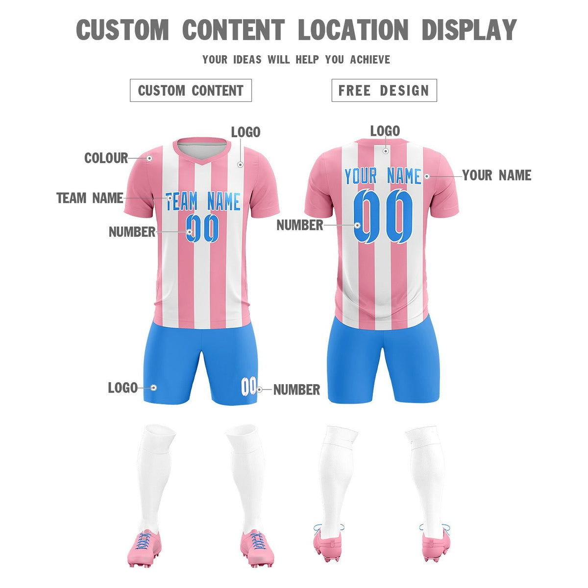 Custom White Light Pink Vertical Stripes Casual Outdoor Football Kits Jersey