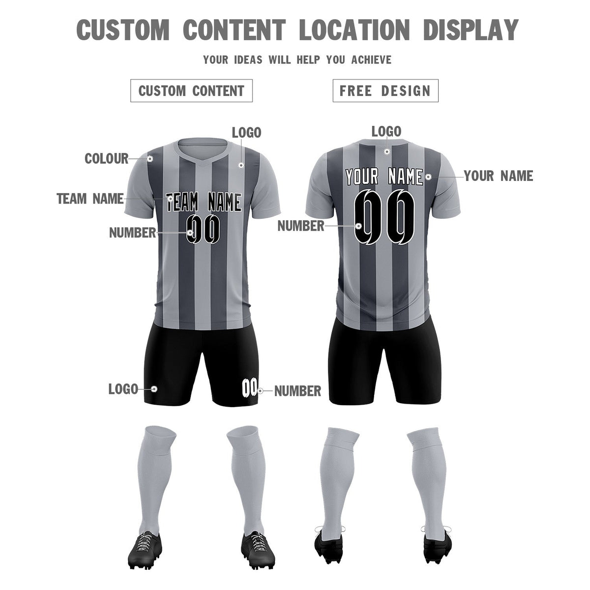 Custom Gray Dark Gray Vertical Stripes Casual Outdoor Football Kits Jersey