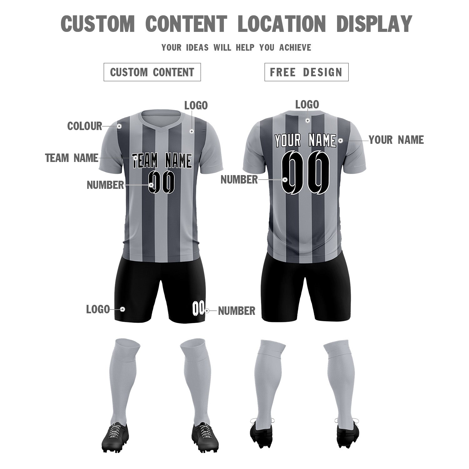 Custom Gray Dark Gray Vertical Stripes Casual Outdoor Football Kits Jersey