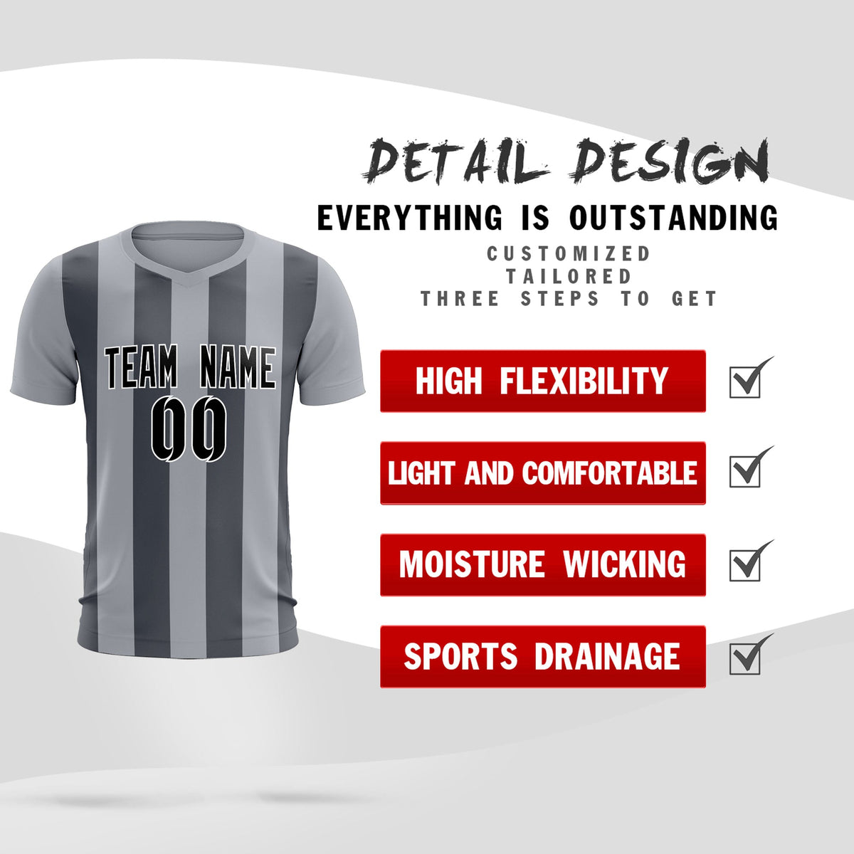 Custom Gray Dark Gray Vertical Stripes Casual Outdoor Football Kits Jersey