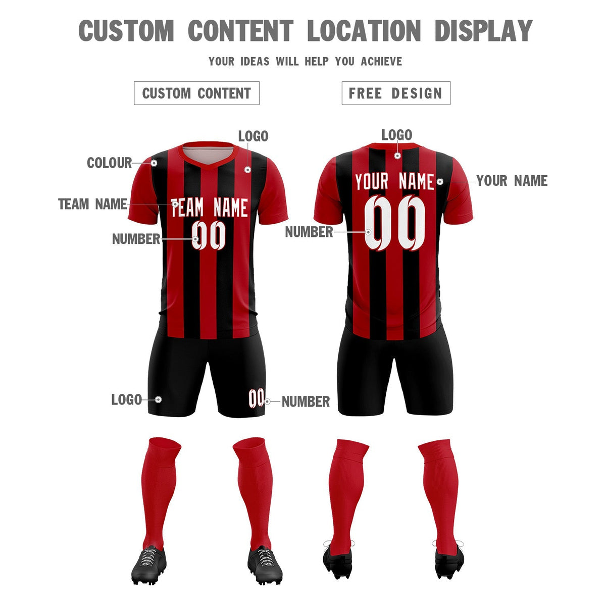 Custom Red Black Vertical Stripes Casual Outdoor Football Kits Jersey