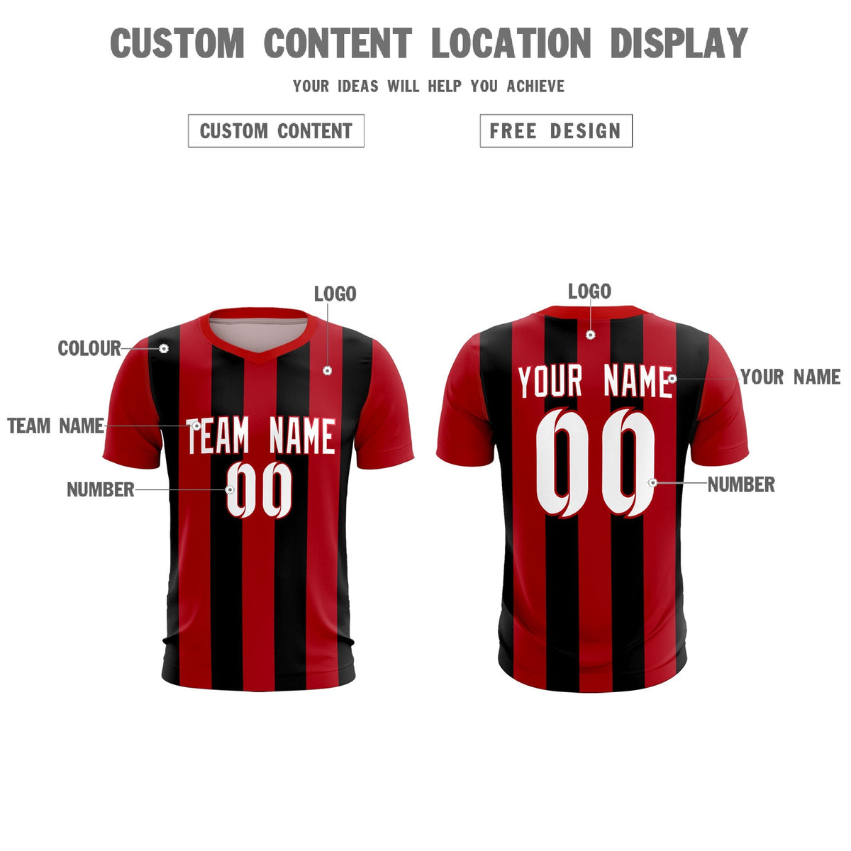 Custom Red Black Vertical Stripes Casual Outdoor Football Kits Jersey