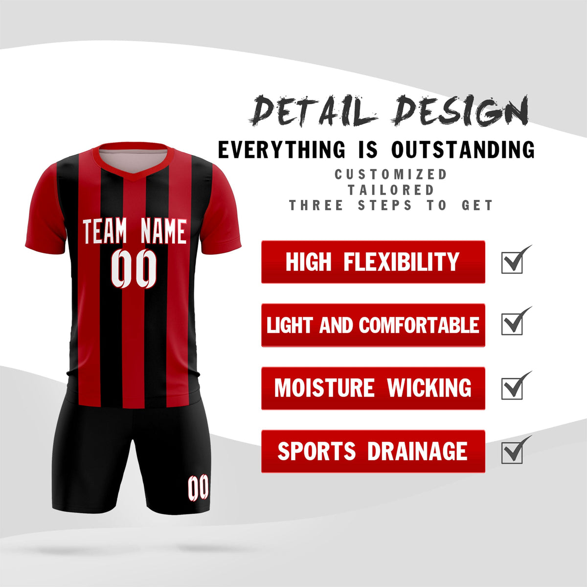 Custom Red Black Vertical Stripes Casual Outdoor Football Kits Jersey