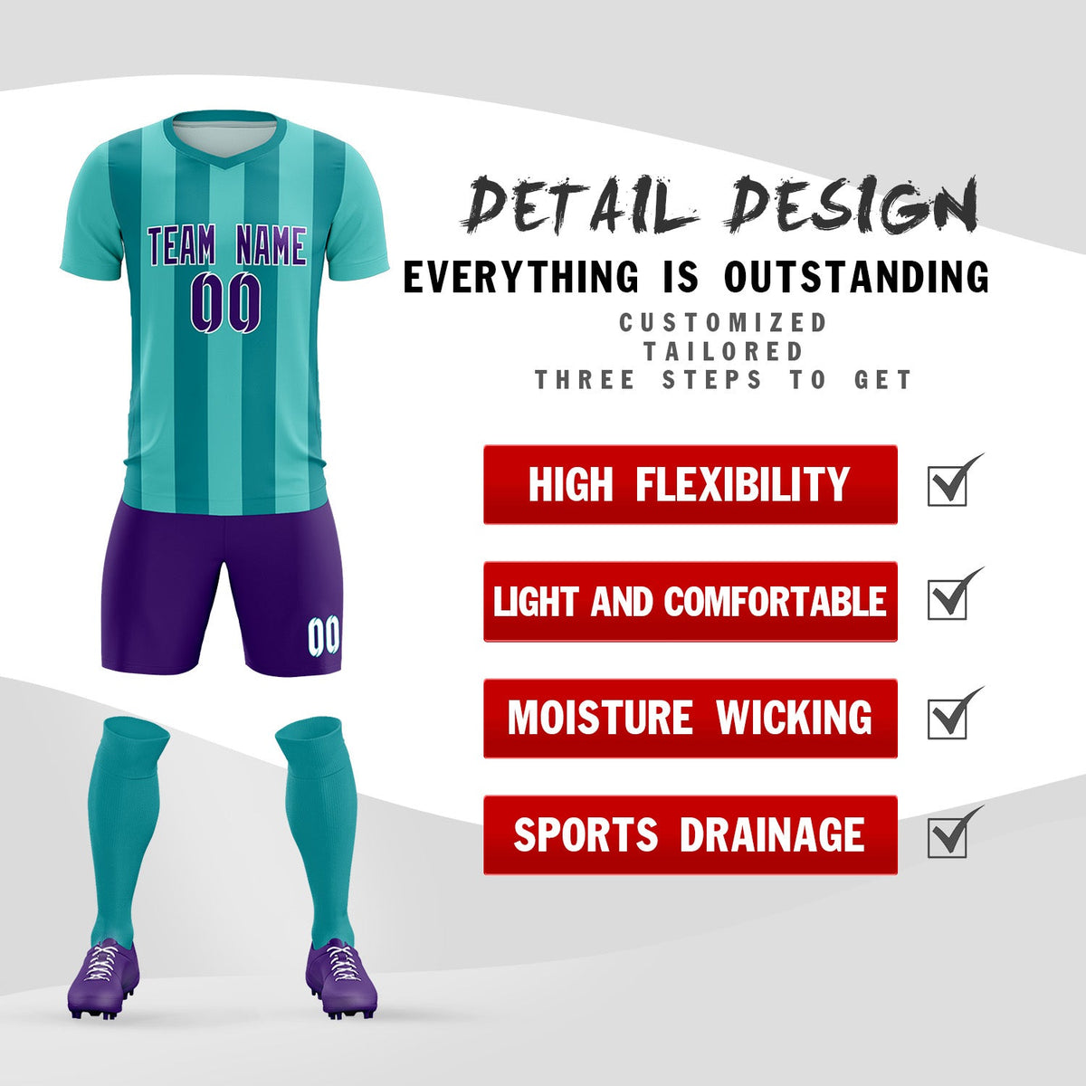 Custom Bright Green Aqua Vertical Stripes Casual Outdoor Football Kits Jersey
