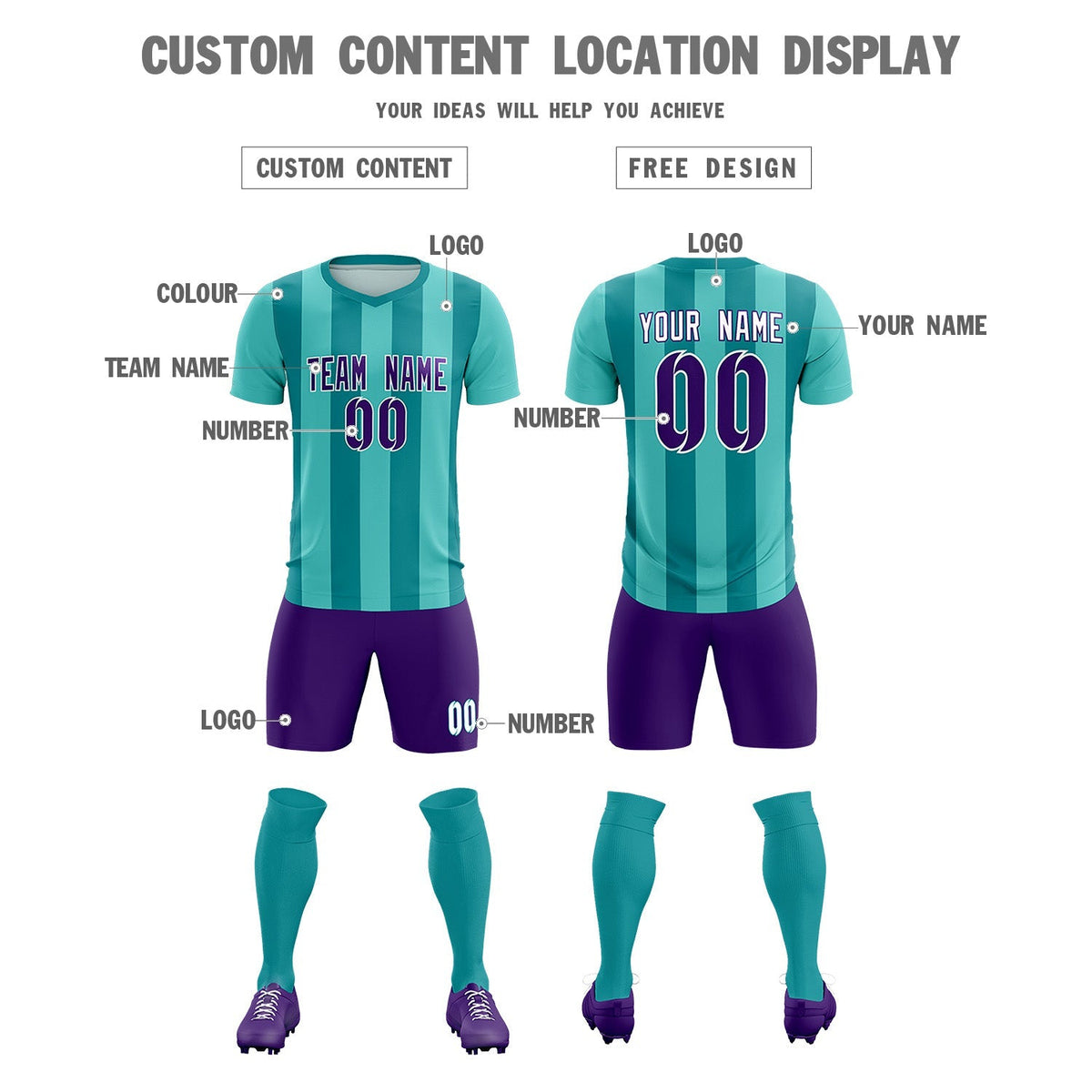 Custom Bright Green Aqua Vertical Stripes Casual Outdoor Football Kits Jersey
