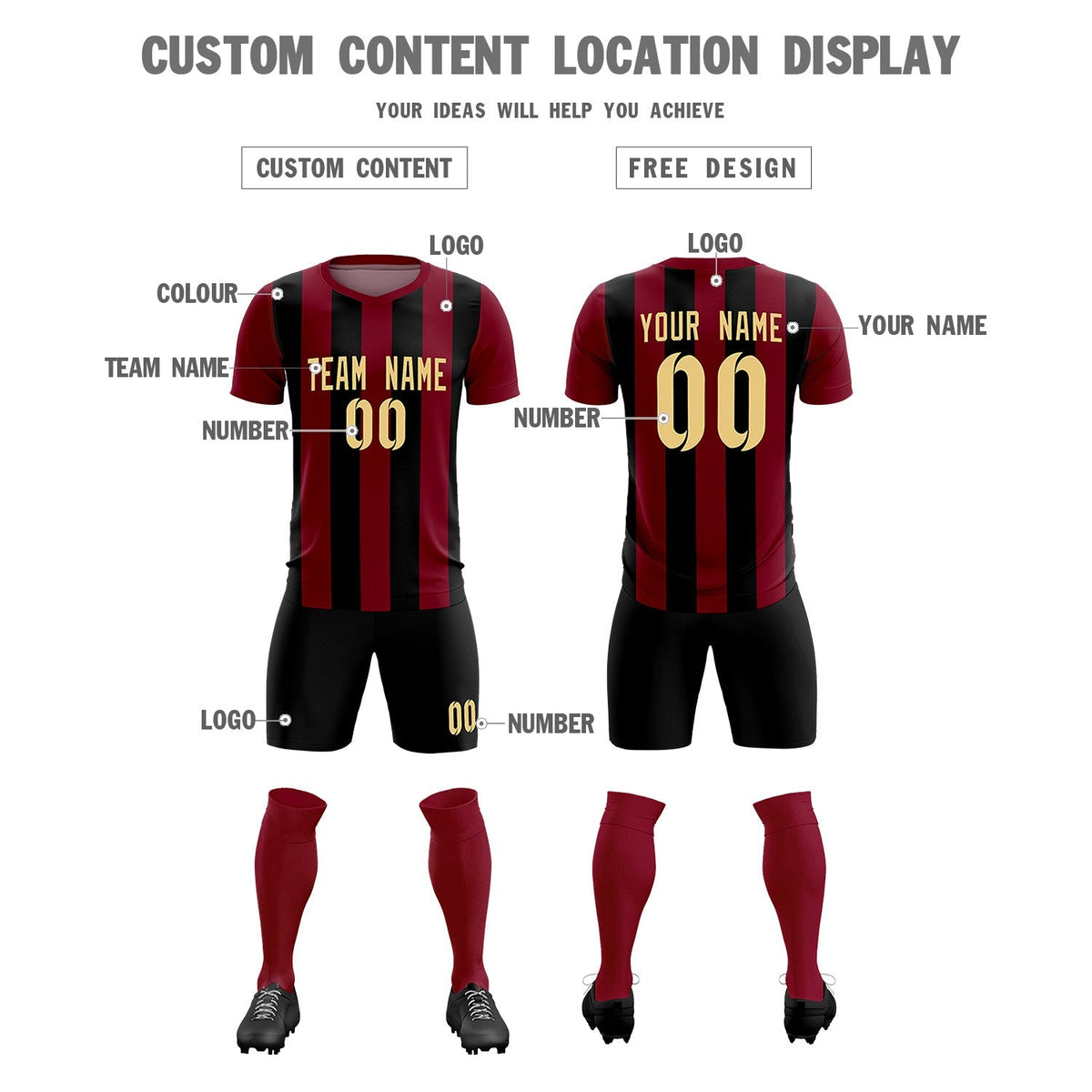 Custom Crimson Black Vertical Stripes Casual Outdoor Football Kits Jersey