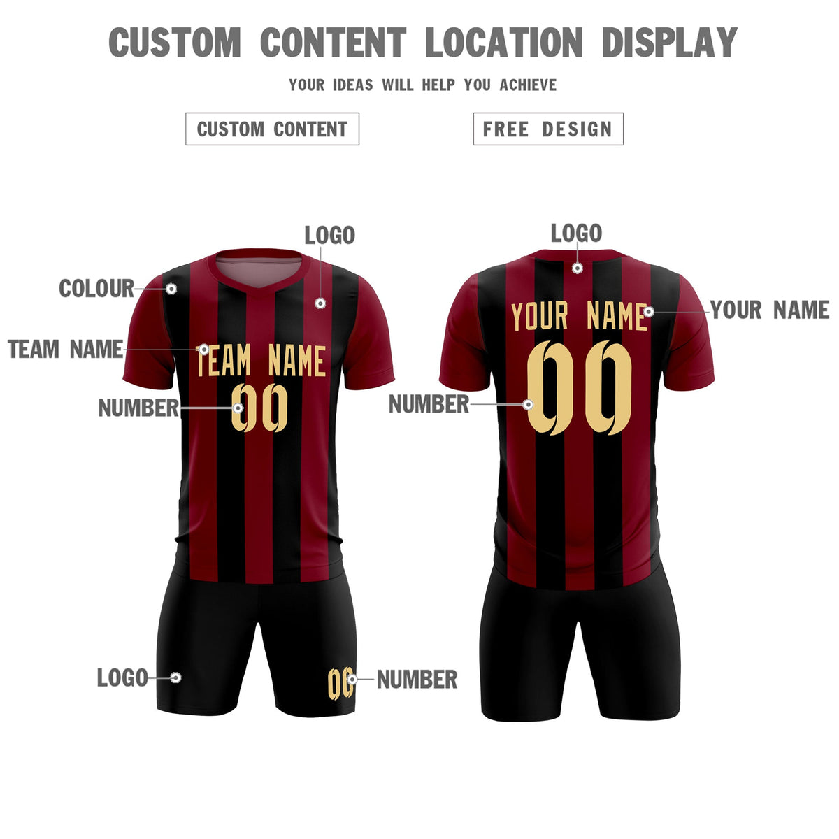 Custom Crimson Black Vertical Stripes Casual Outdoor Football Kits Jersey