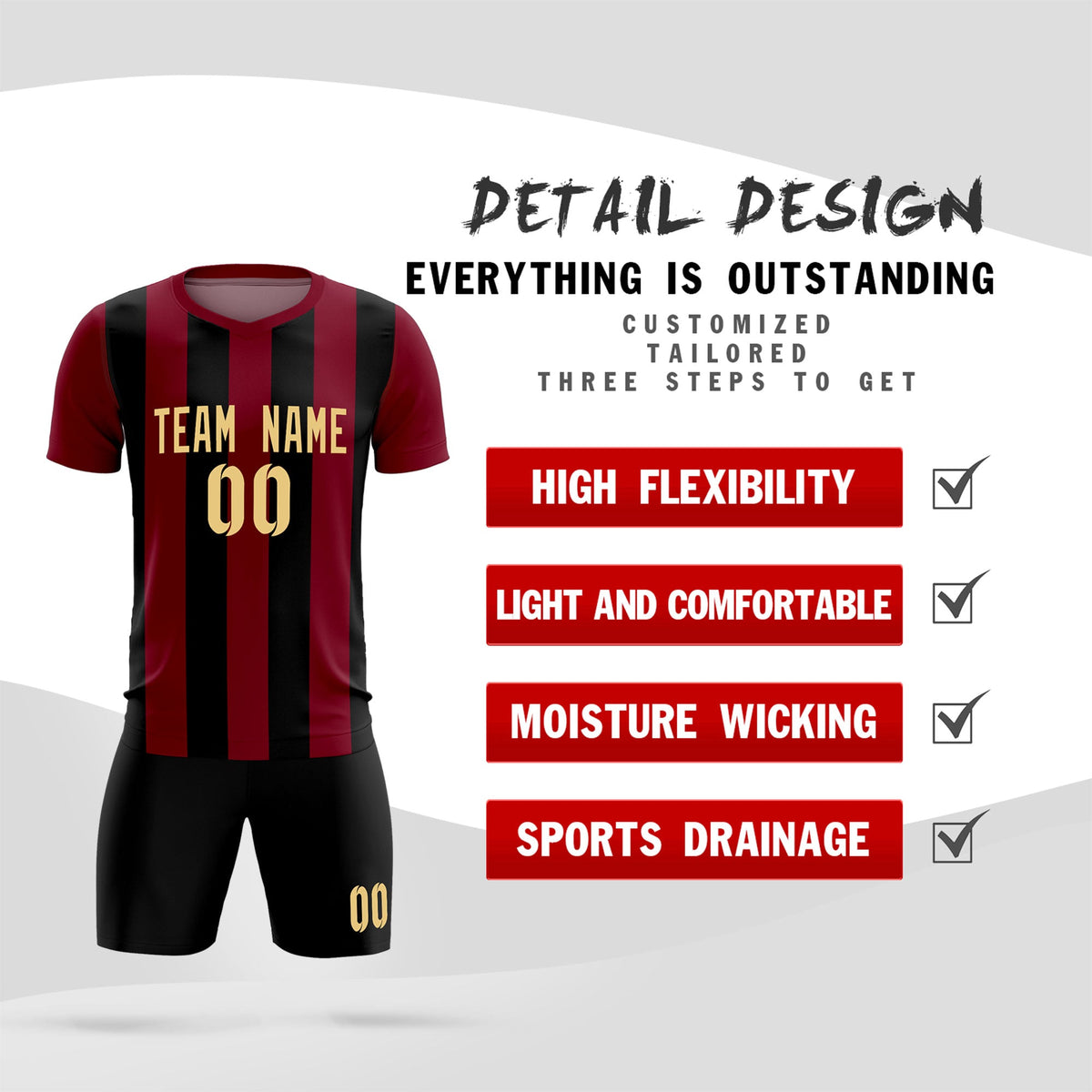 Custom Crimson Black Vertical Stripes Casual Outdoor Football Kits Jersey