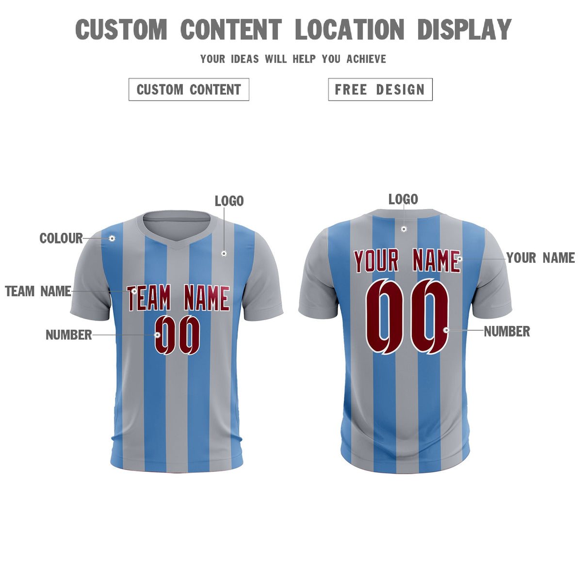Custom Gray Light Blue Vertical Stripes Casual Outdoor Football Kits Jersey