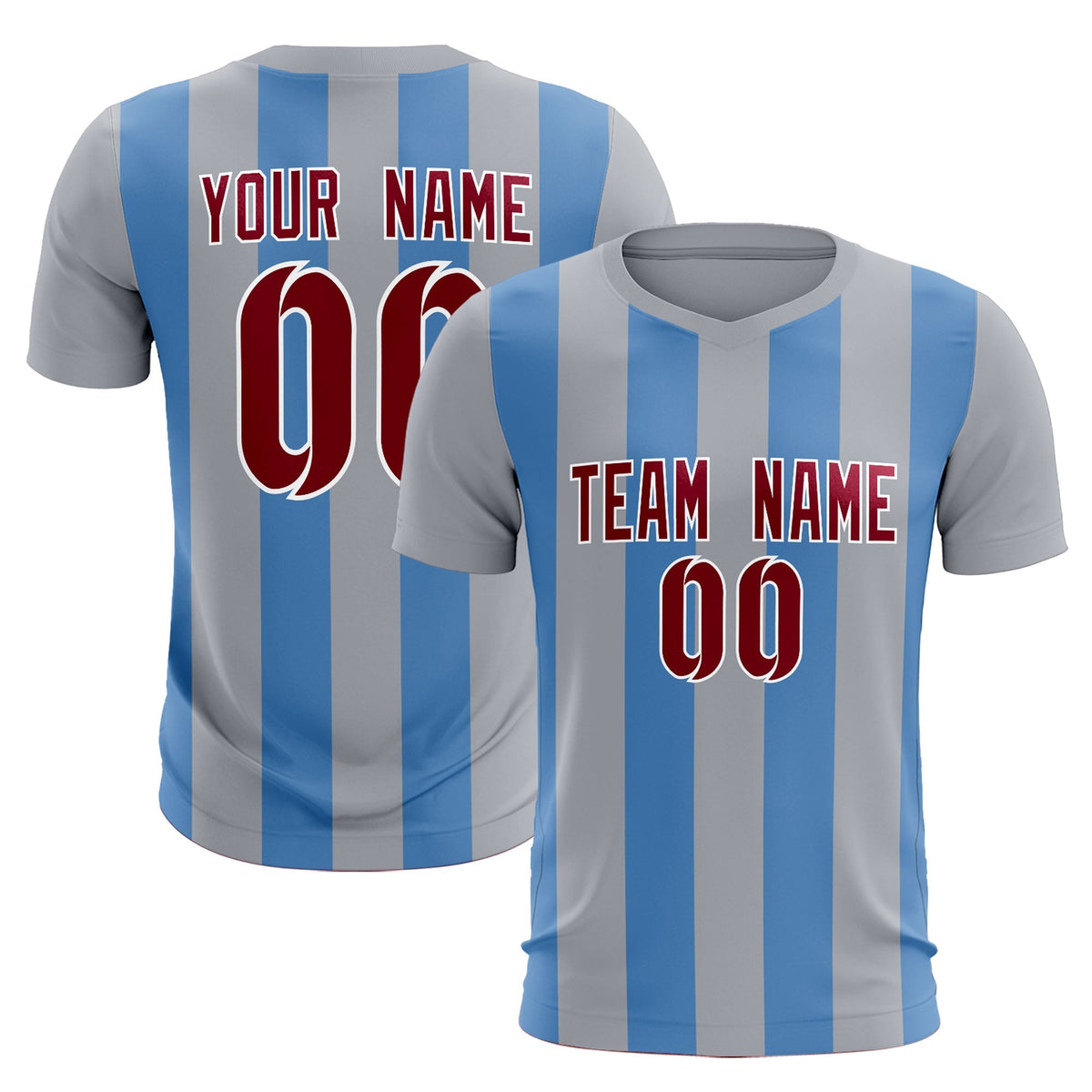 Custom Gray Light Blue Vertical Stripes Casual Outdoor Football Kits Jersey