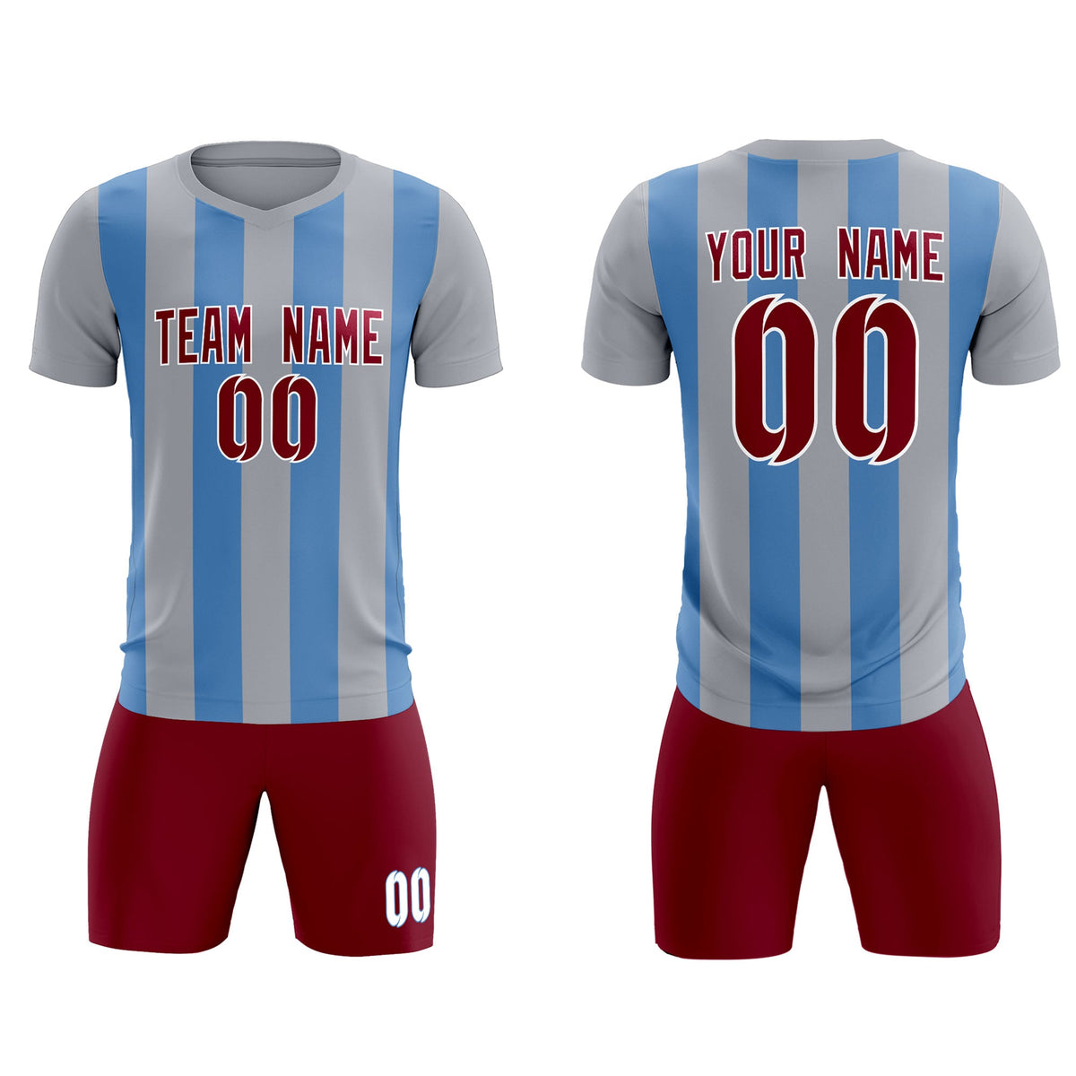 Custom Gray Light Blue Vertical Stripes Casual Outdoor Football Kits Jersey