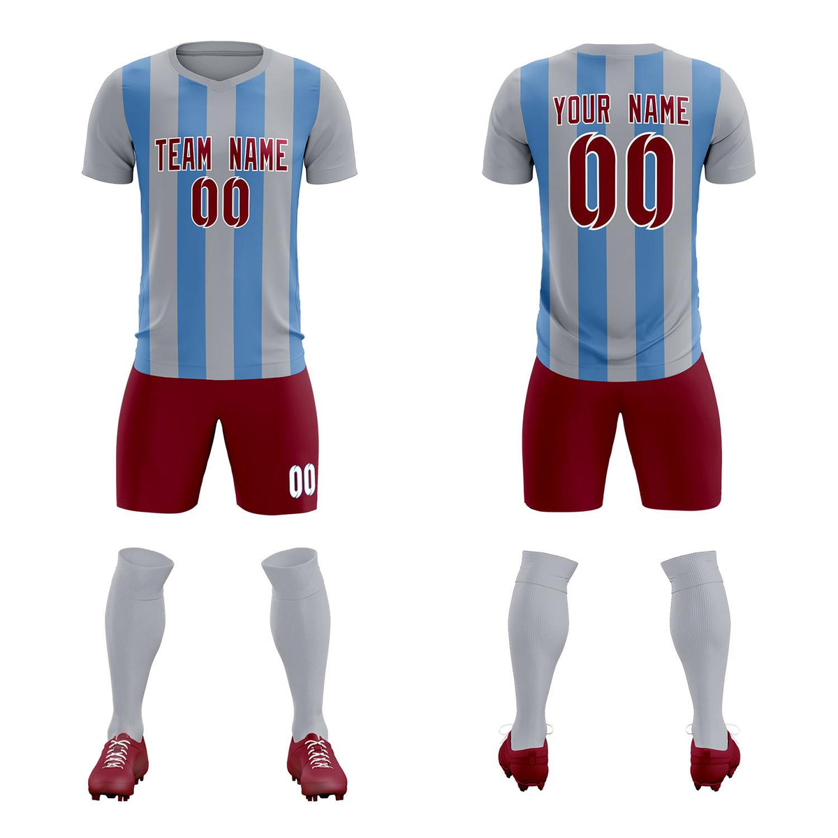 Custom Gray Light Blue Vertical Stripes Casual Outdoor Football Kits Jersey