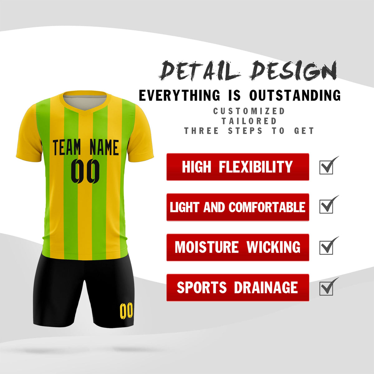 Custom Gold Neon Green Vertical Stripes Casual Outdoor Football Kits Jersey